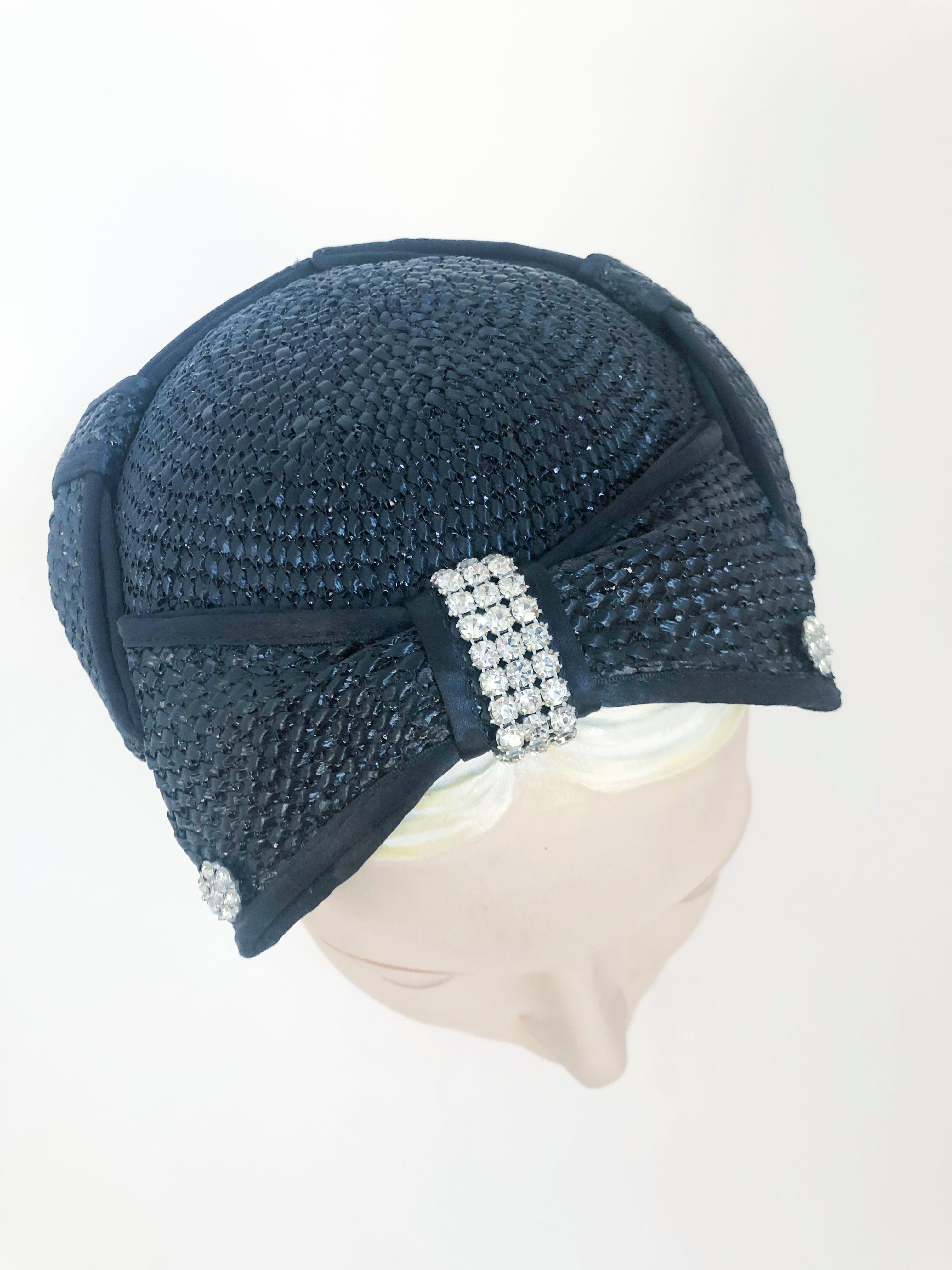 1950s Navy Woven Raffia Cocktail Hat With Bow and Rhinestone Accents 1