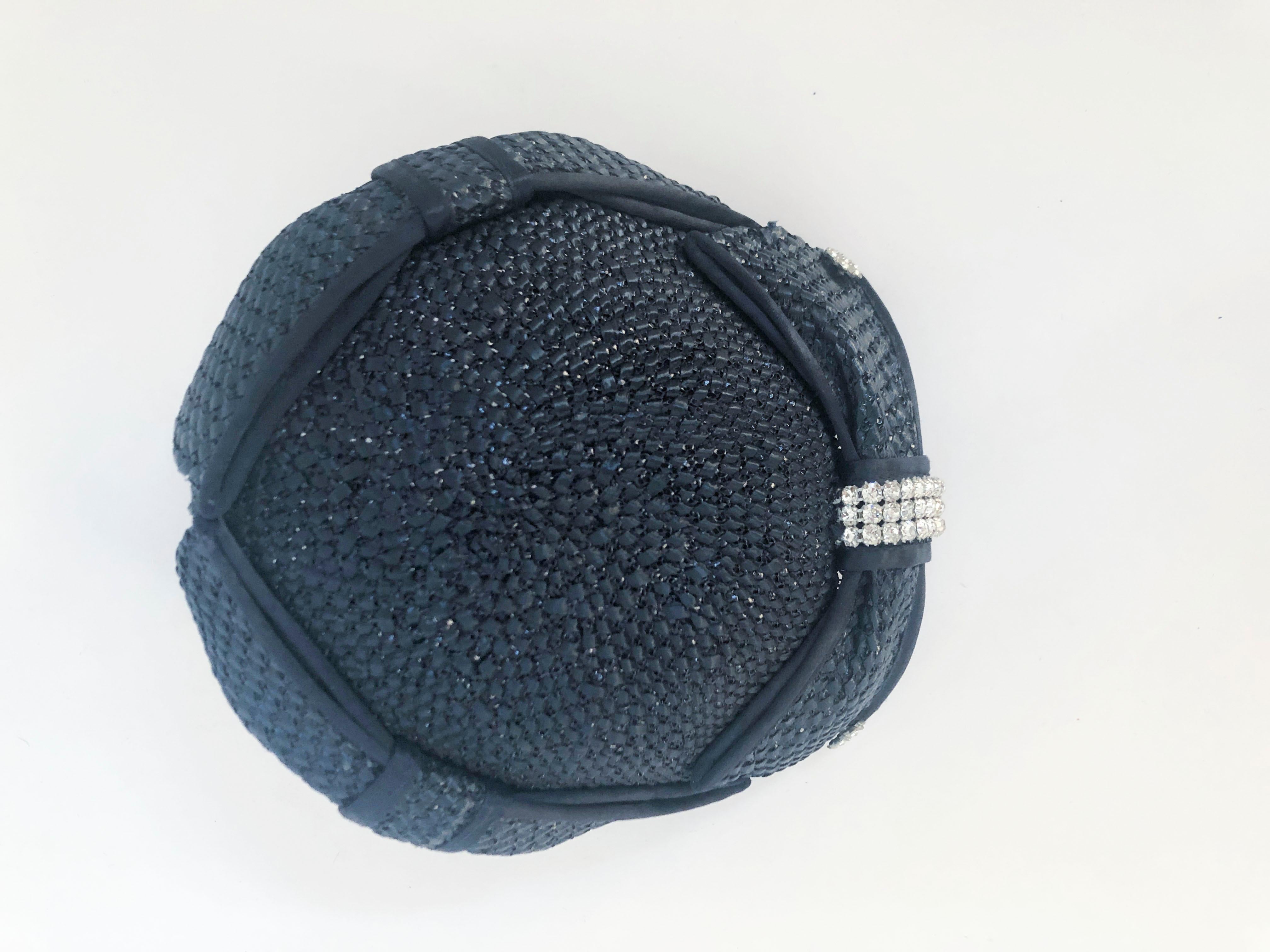 1950s Navy Woven Raffia Cocktail Hat With Bow and Rhinestone Accents 2