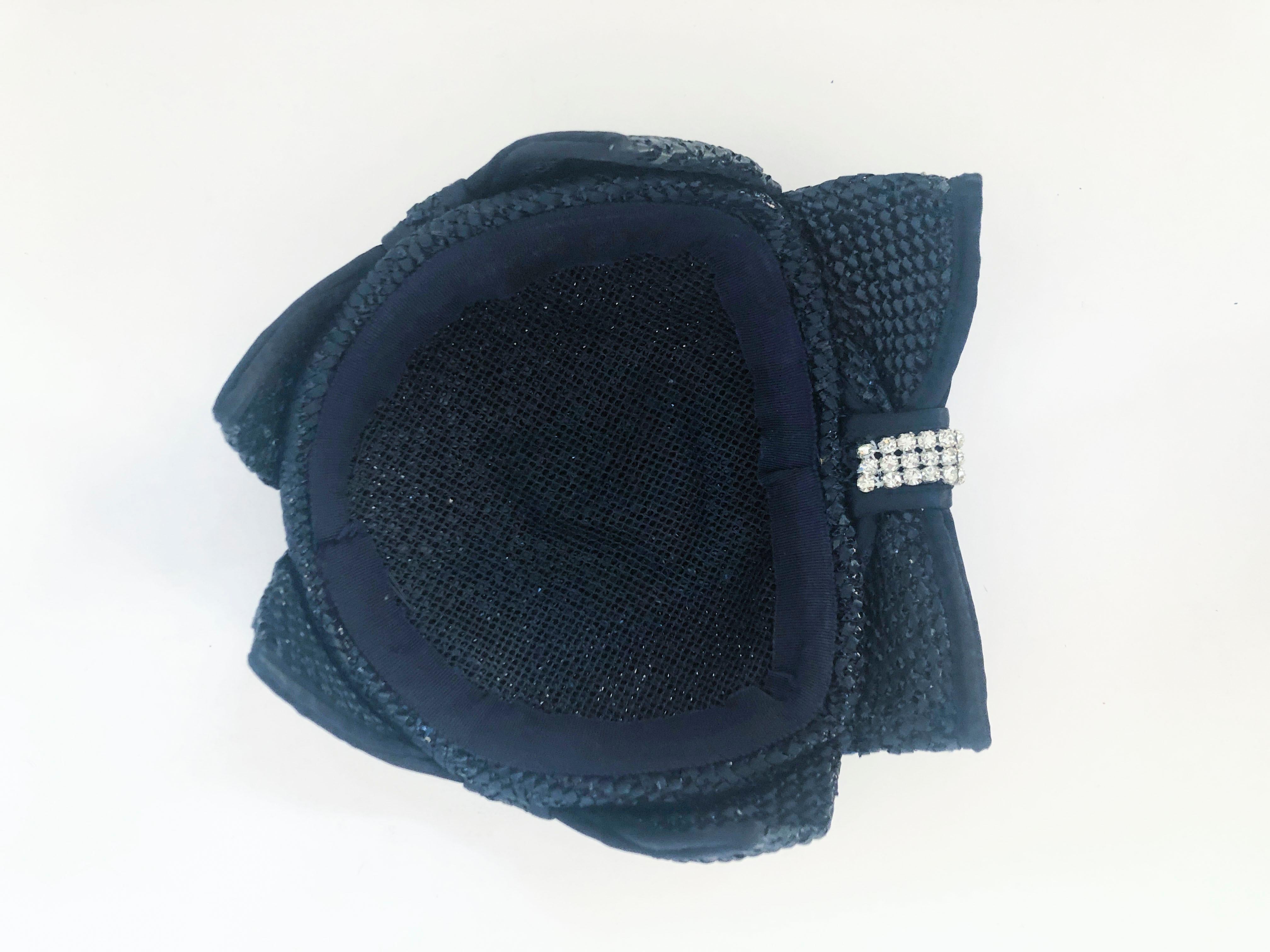 1950s Navy Woven Raffia Cocktail Hat With Bow and Rhinestone Accents 3