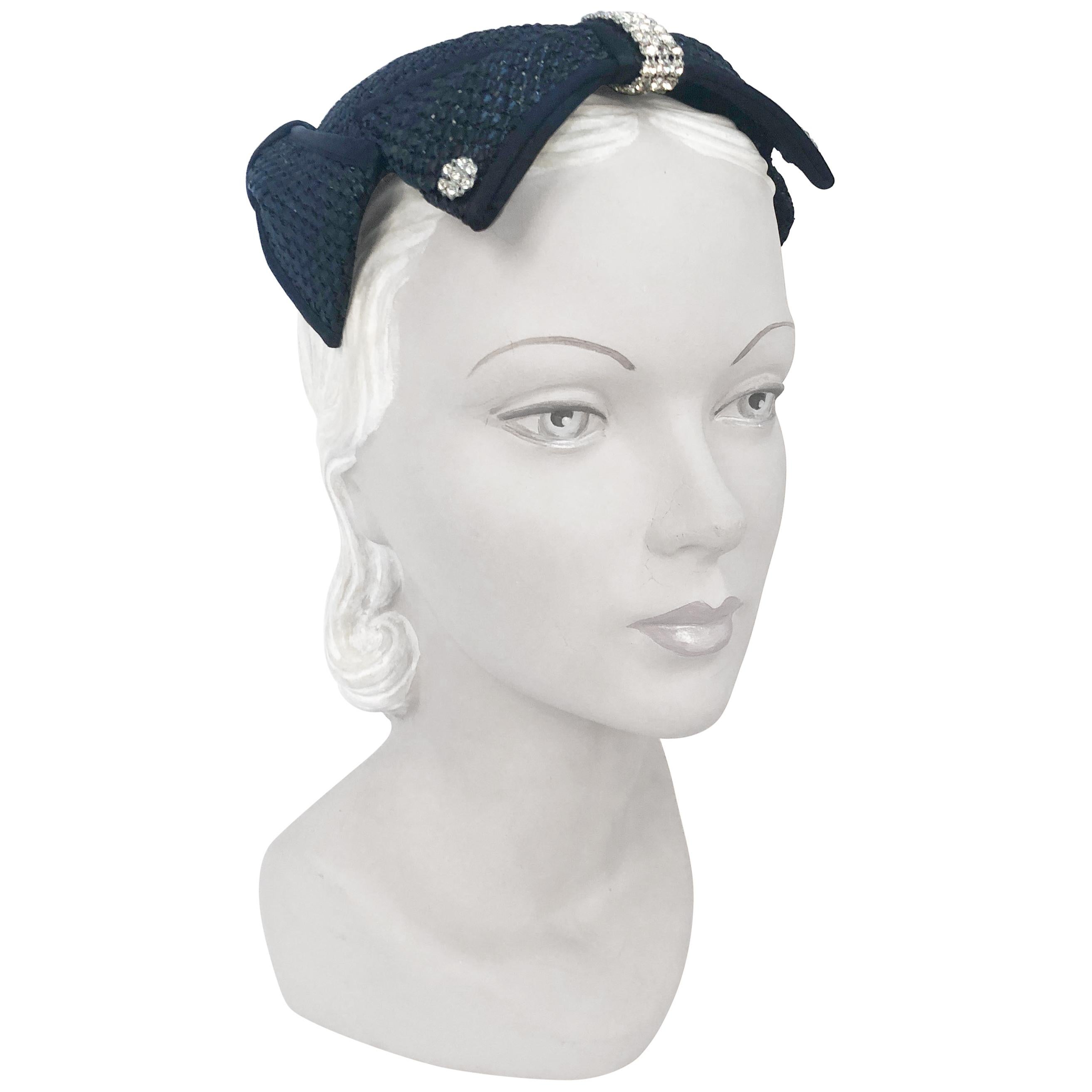 1950s Navy Woven Raffia Cocktail Hat With Bow and Rhinestone Accents