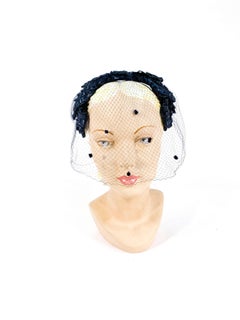 1950s Navy Woven Raffia Cocktail Hat with Veil