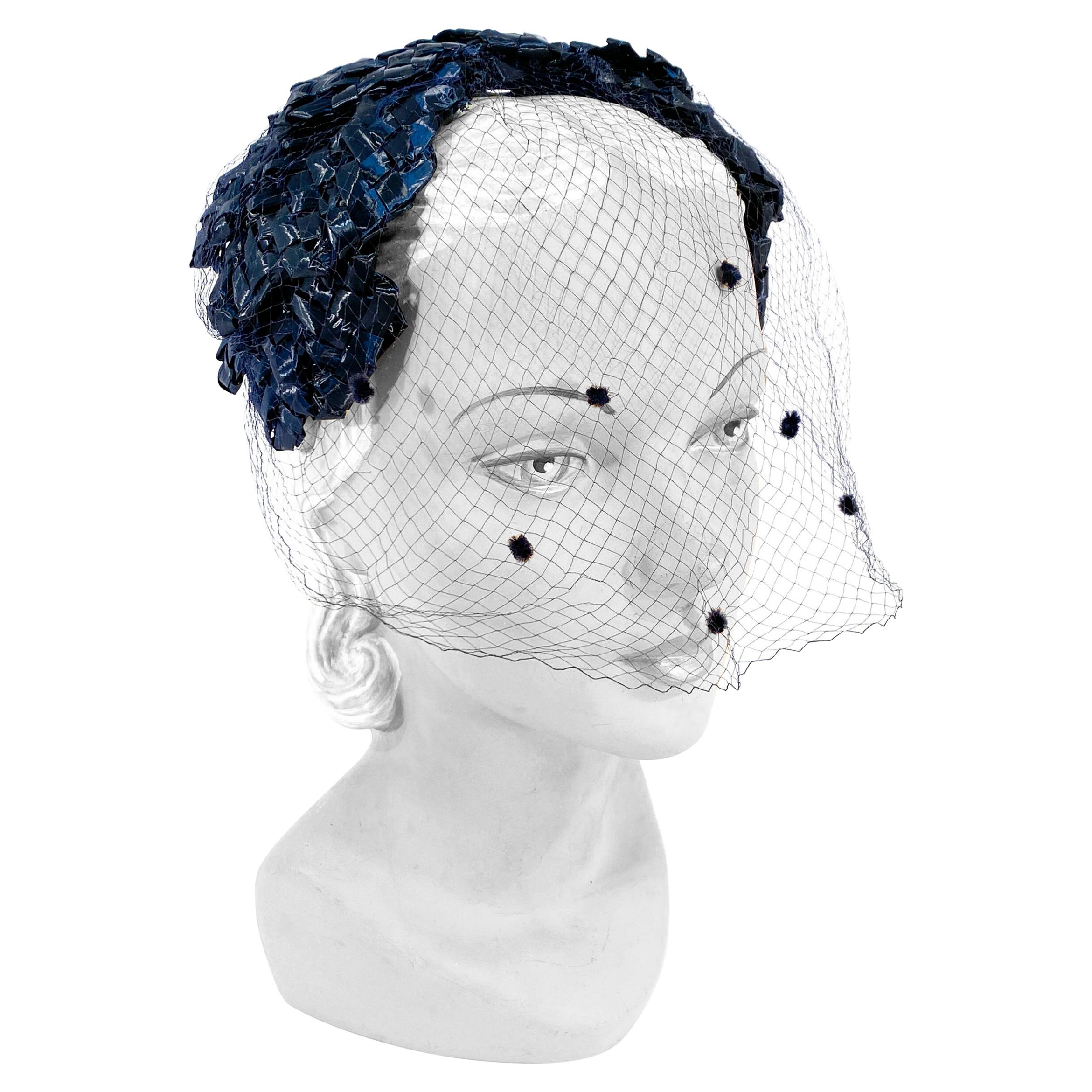 1950s Navy Woven Raffia Cocktail Hat with Veil