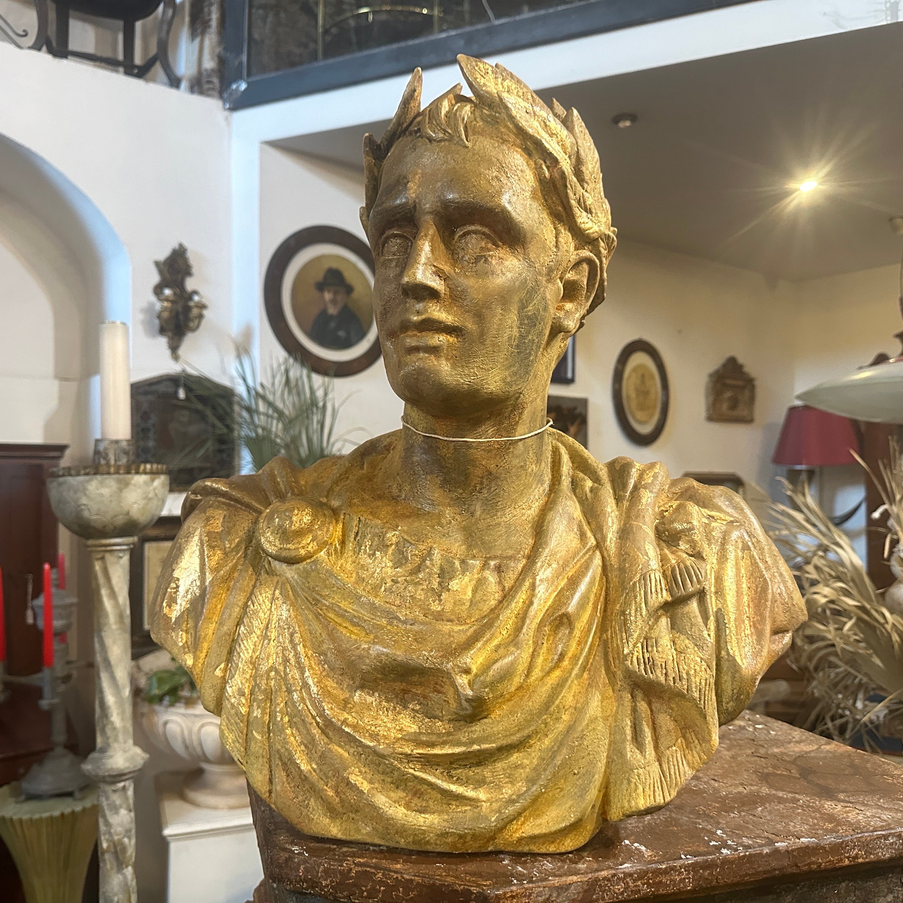 Neoclassical Revival 1950s Neo classical Gold Patinated Plaster Bust of Giulio Cesare For Sale