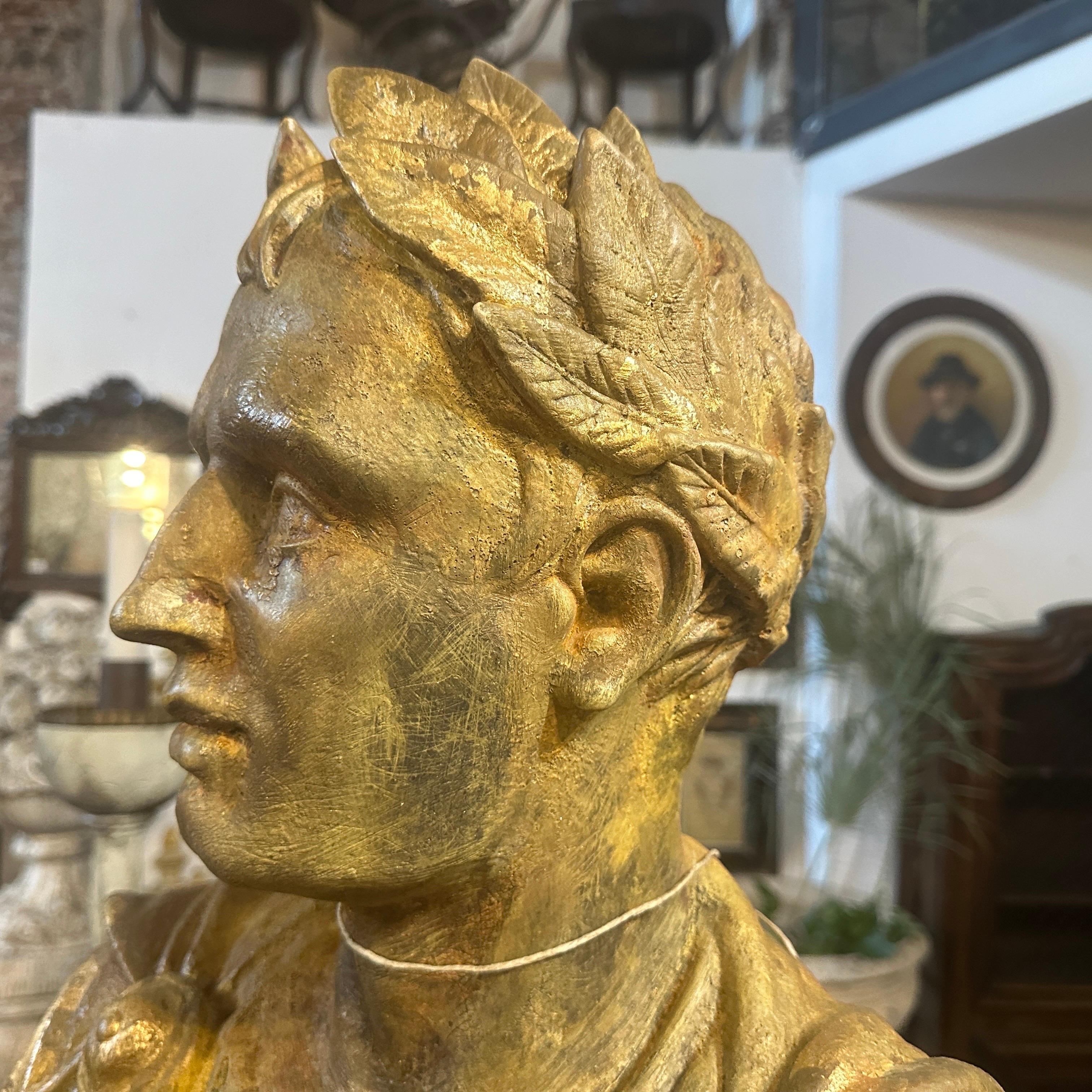 Hand-Crafted 1950s Neo classical Gold Patinated Plaster Bust of Giulio Cesare For Sale