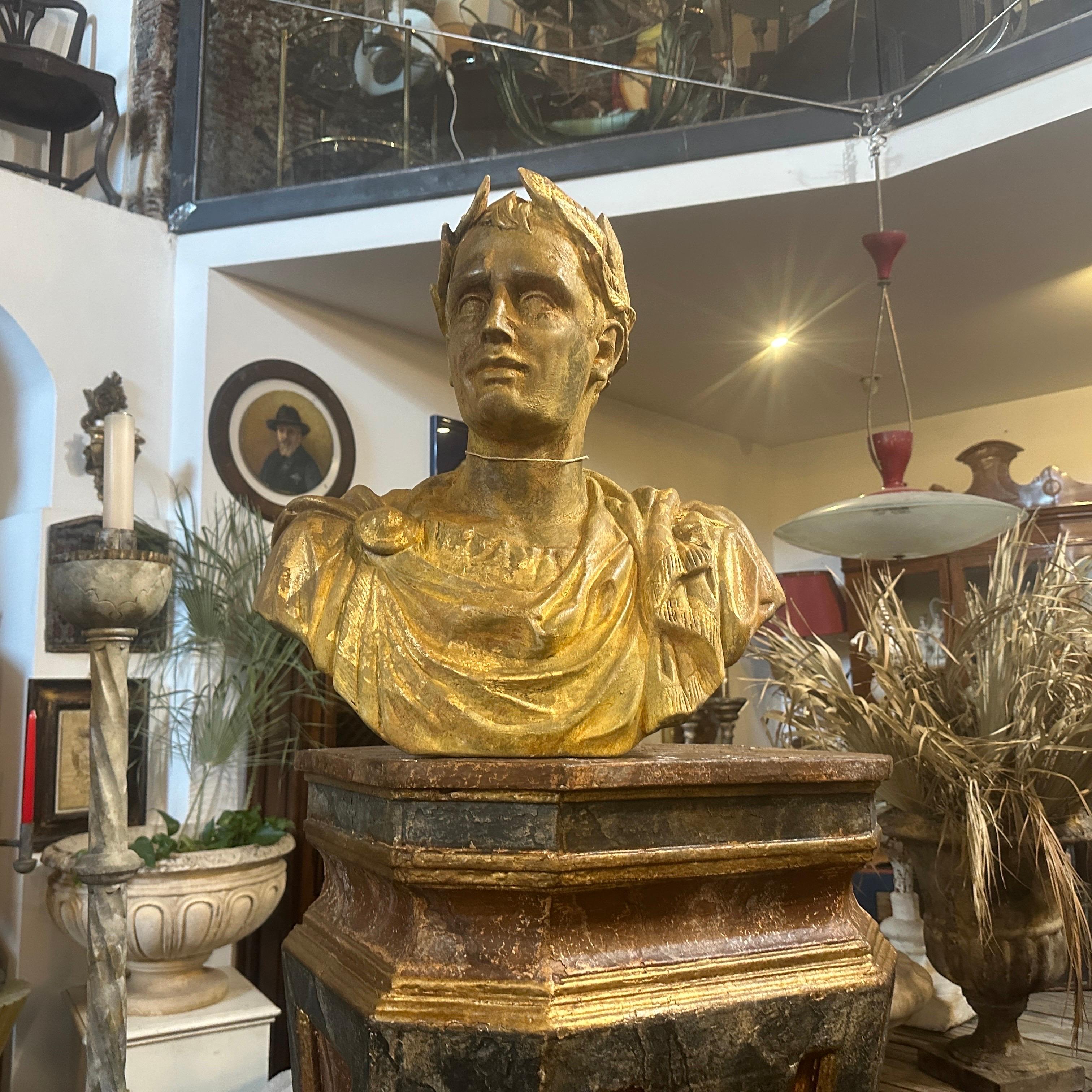 20th Century 1950s Neo classical Gold Patinated Plaster Bust of Giulio Cesare For Sale