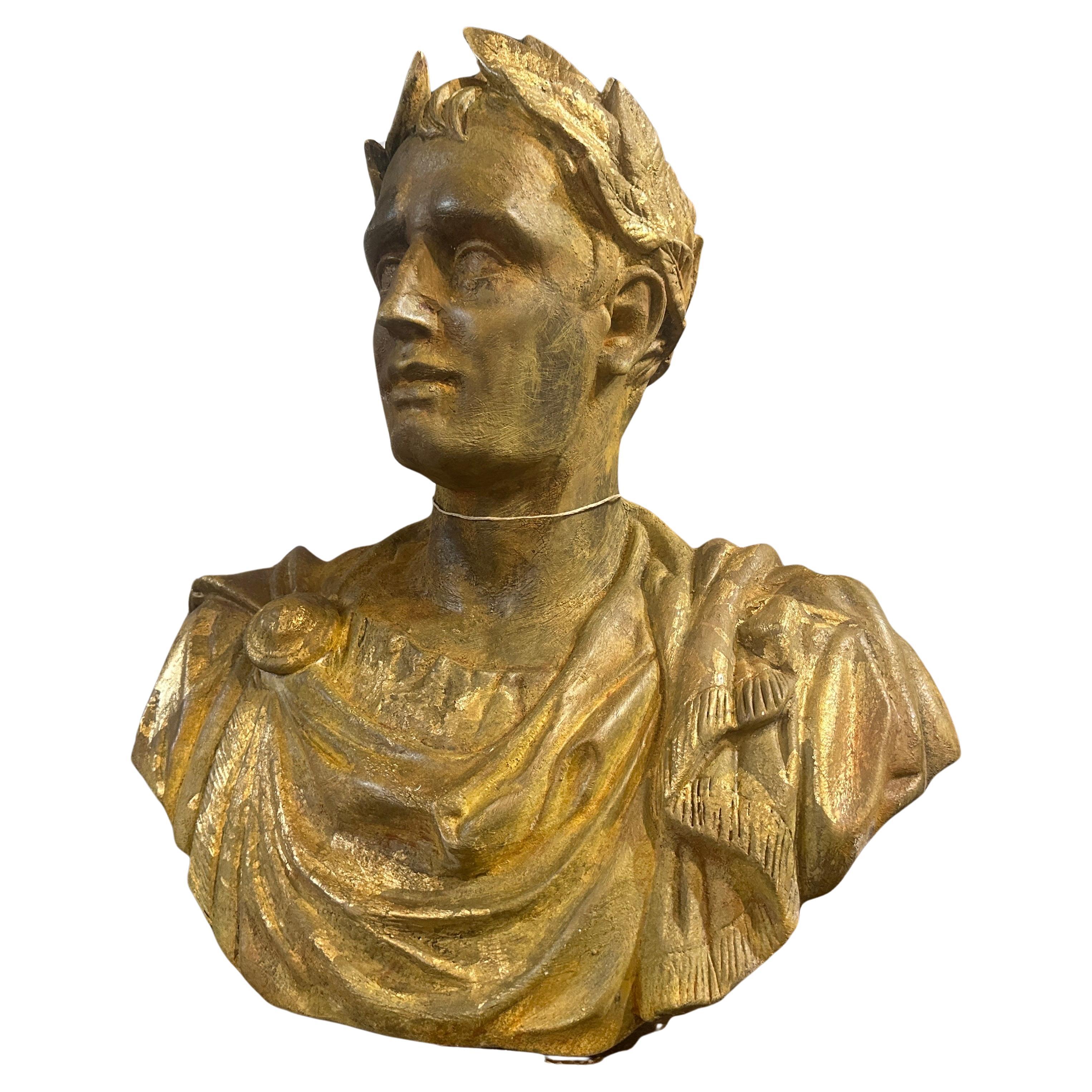 1950s Neo classical Gold Patinated Plaster Bust of Giulio Cesare For Sale