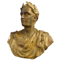 Antique 1950s Neo classical Gold Patinated Plaster Bust of Giulio Cesare