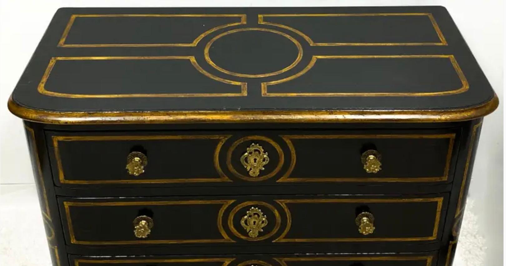 Italian 1950s Neo-Classical Style Continental Ebonized and Gilt Painted Commode