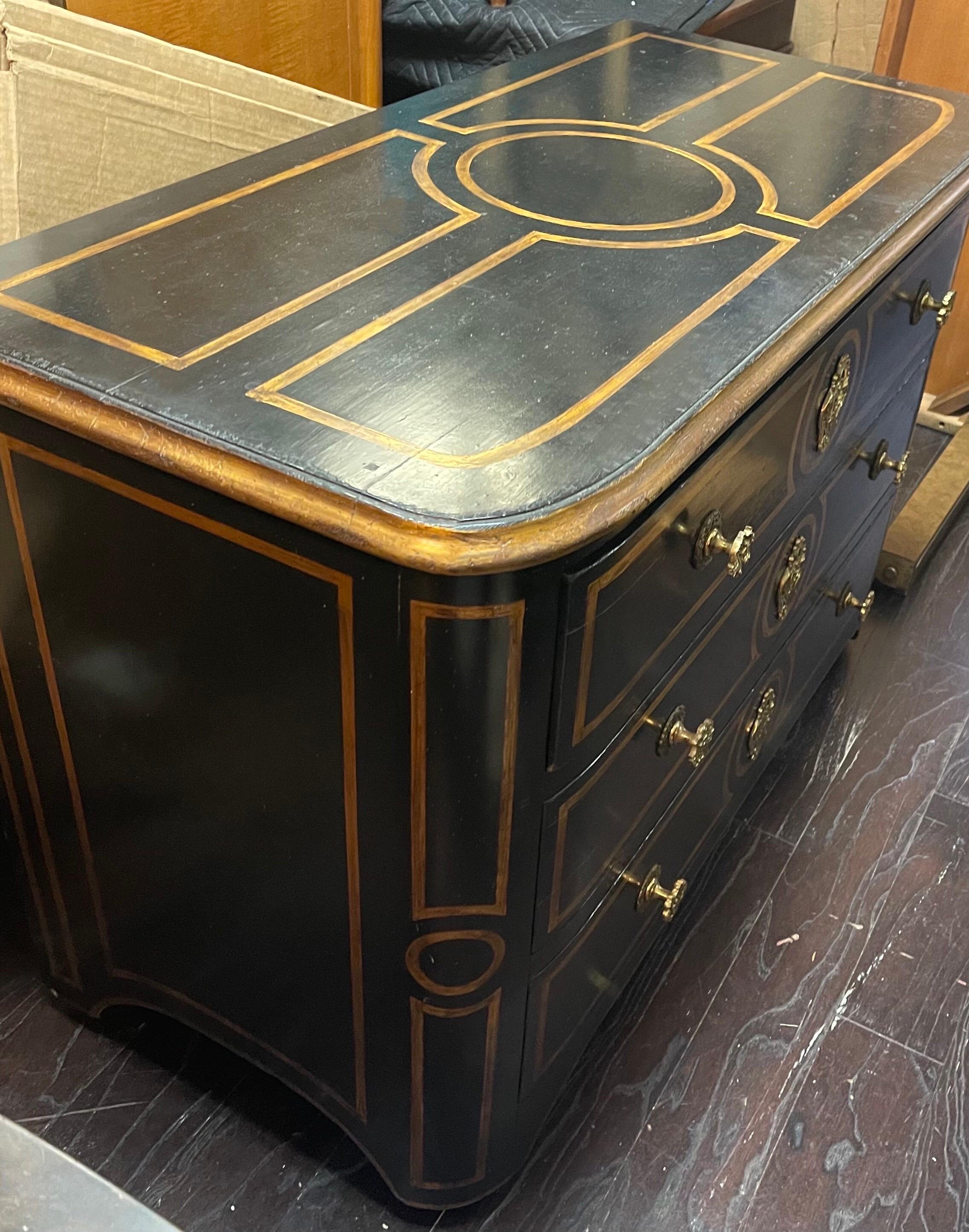 1950s Neo-Classical Style Continental Ebonized and Gilt Painted Commode 1