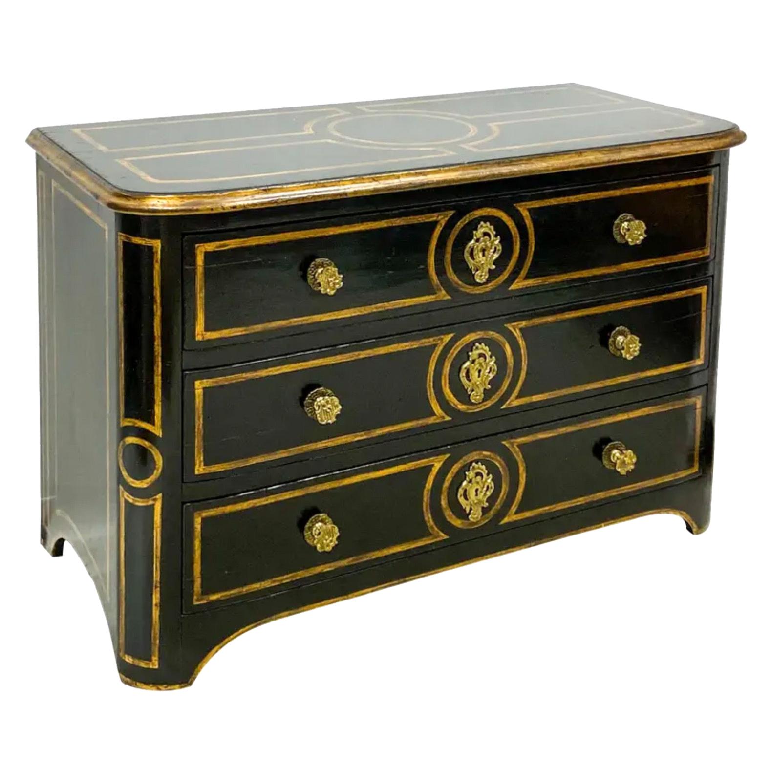 1950s Neo-Classical Style Continental Ebonized and Gilt Painted Commode