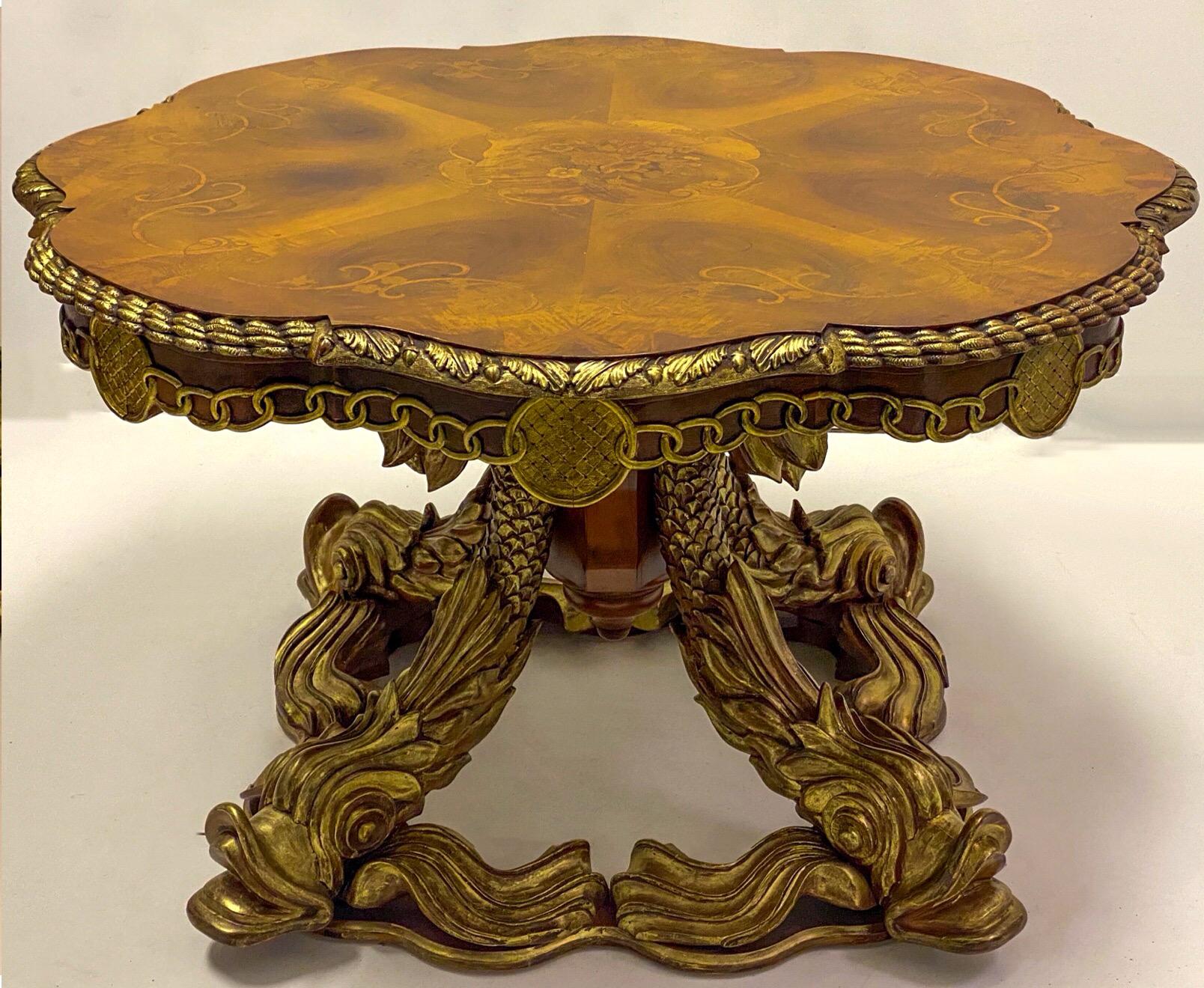 1950s Neo-Classical Style Italian Inlaid Mahogany Gilt Dolphin Center Table In Good Condition In Kennesaw, GA