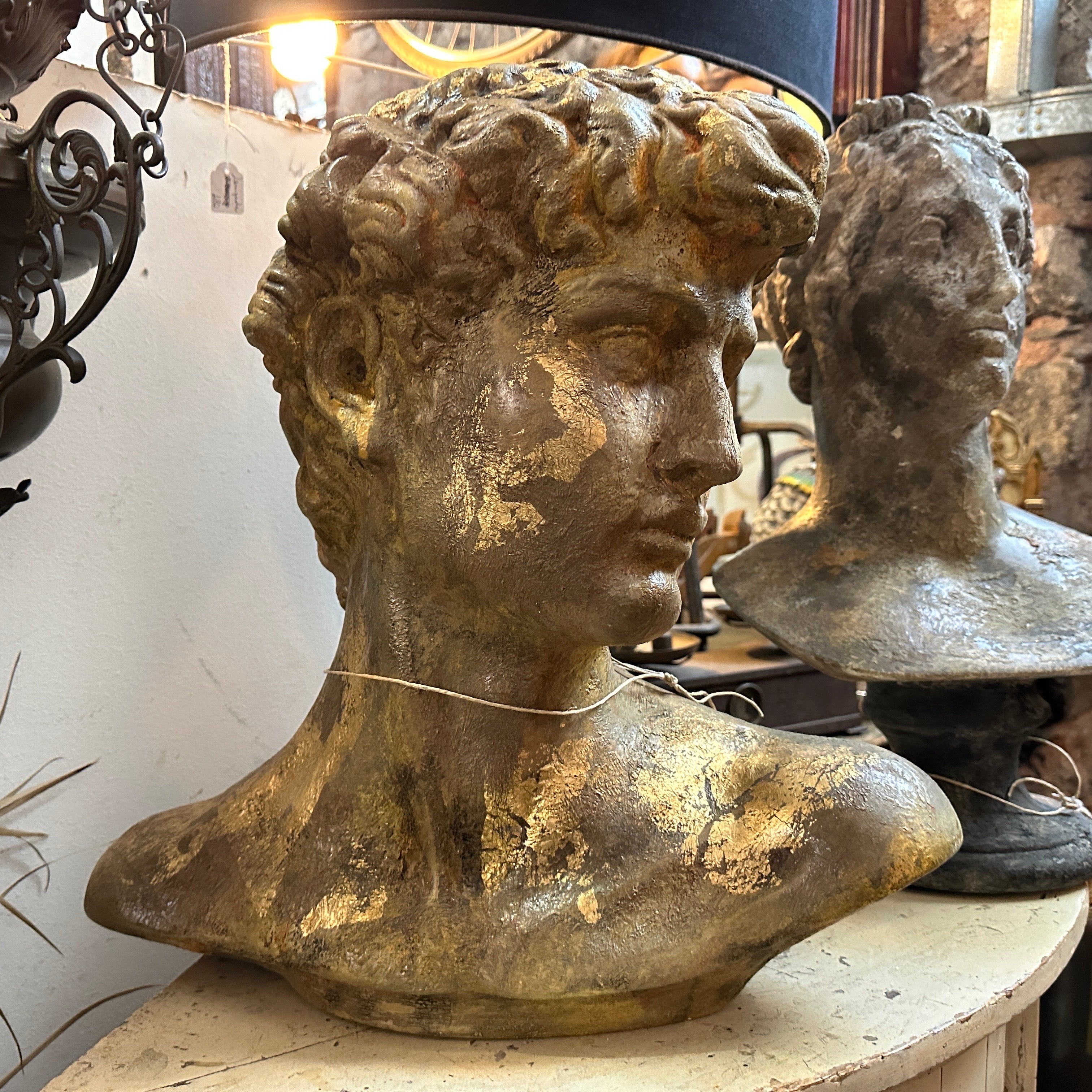 A gold patinated plaster bust of David from a Gipsoteca in a sicilian academy of fine arts. They used to patinate the plasters in different ways, this one has been made with gold, amber and brown for this amazing result also given of the time,