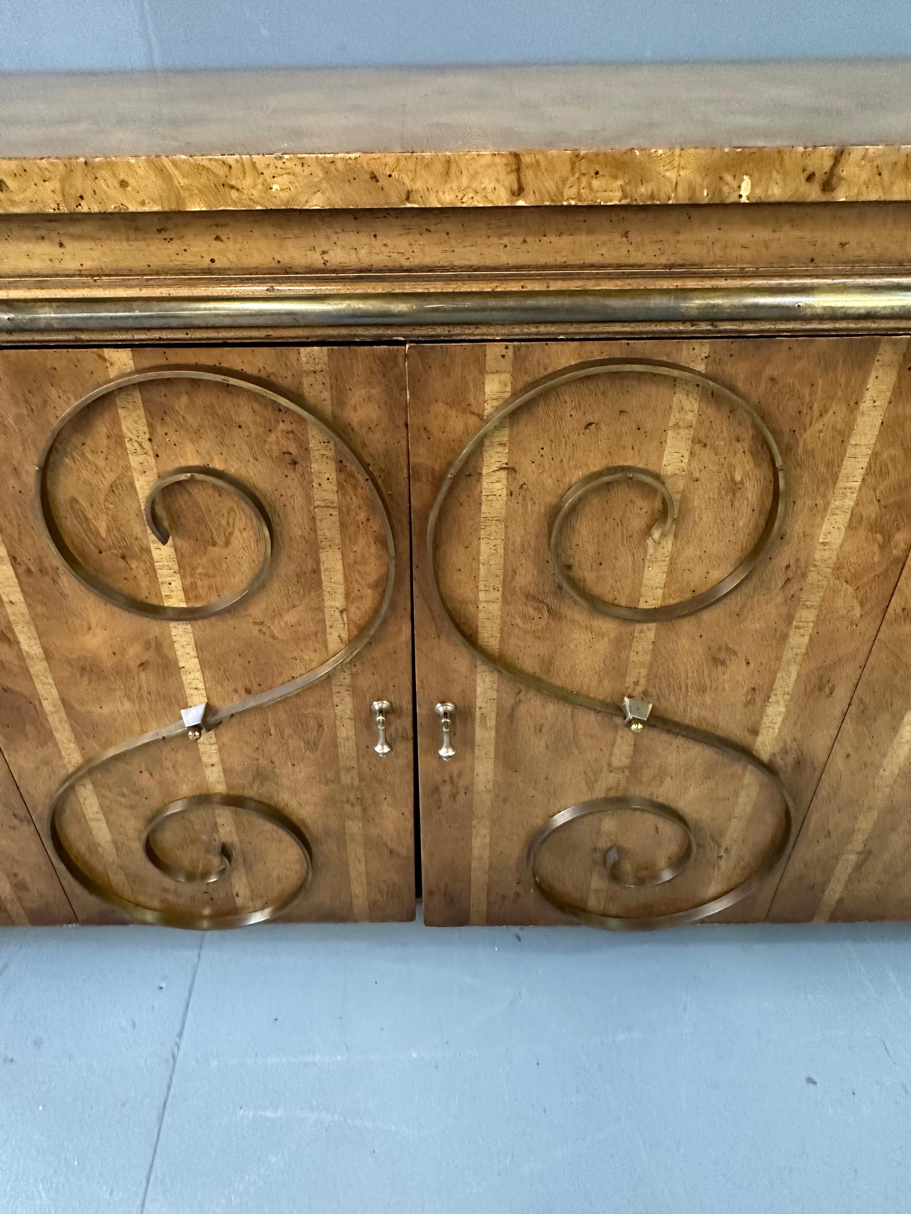 1950s Neoclassical Revival Sideboard in Pecan and Burl with Brass Scroll Details For Sale 5