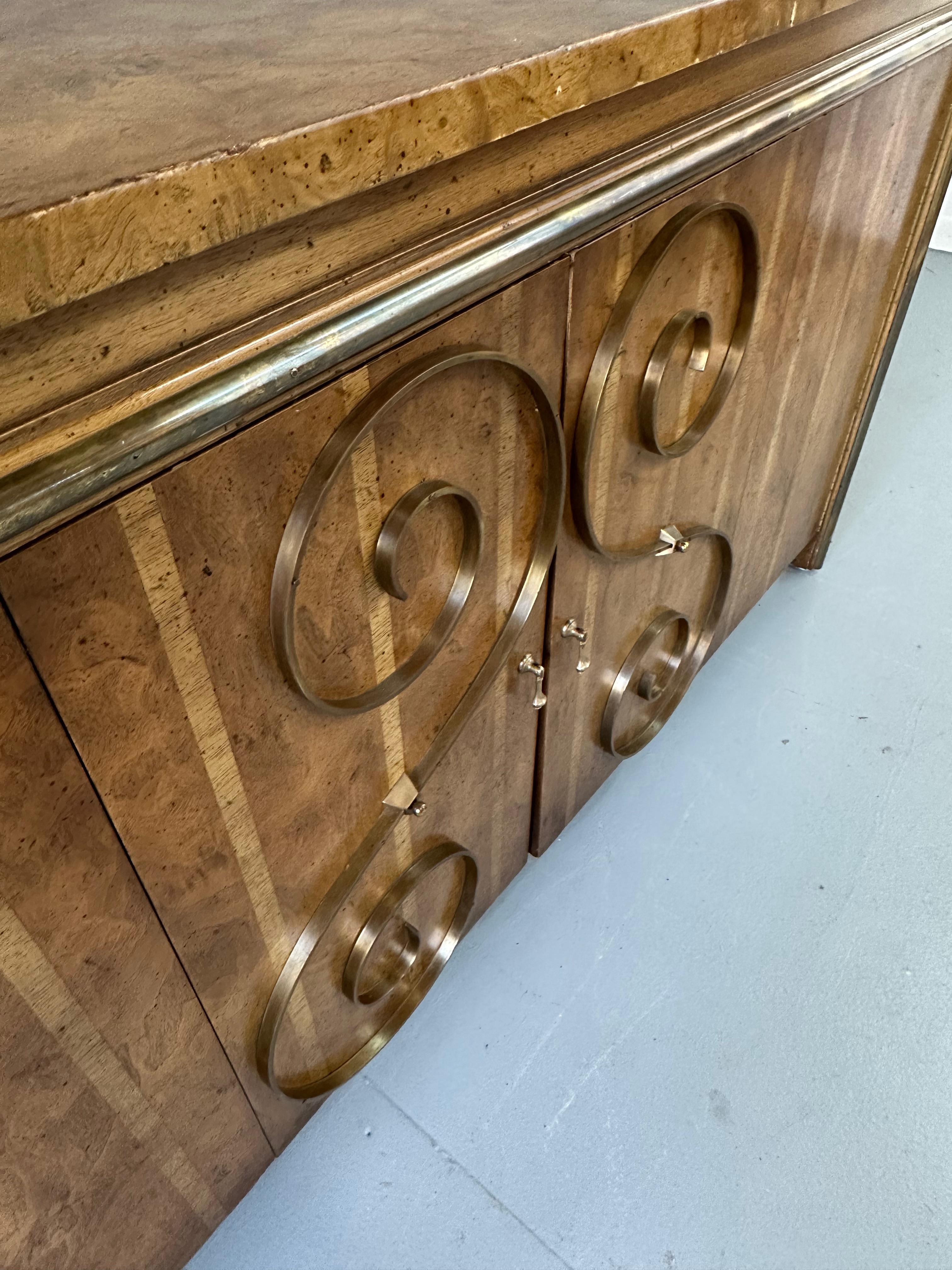 1950s Neoclassical Revival Sideboard in Pecan and Burl with Brass Scroll Details For Sale 6