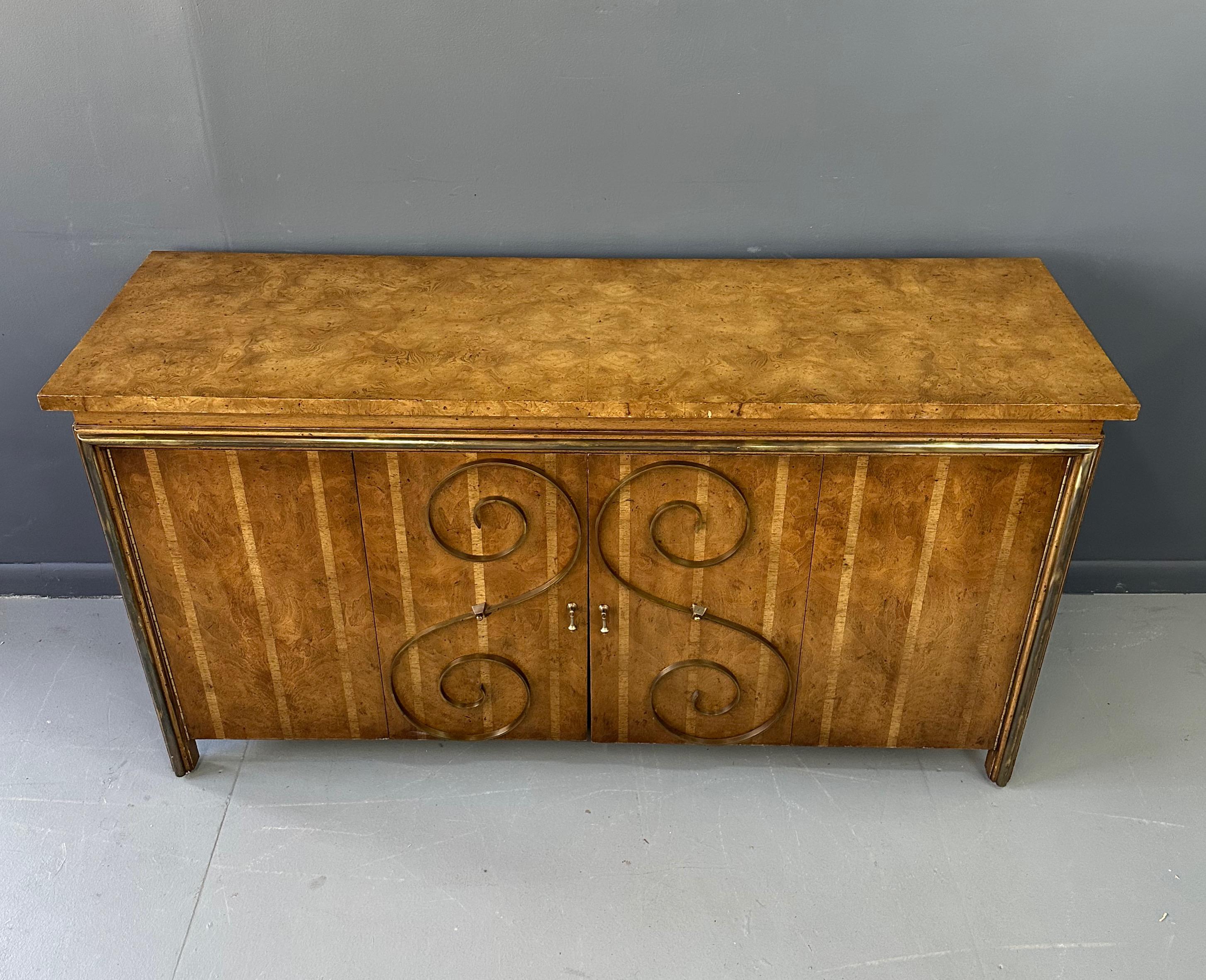 20th Century 1950s Neoclassical Revival Sideboard in Pecan and Burl with Brass Scroll Details For Sale