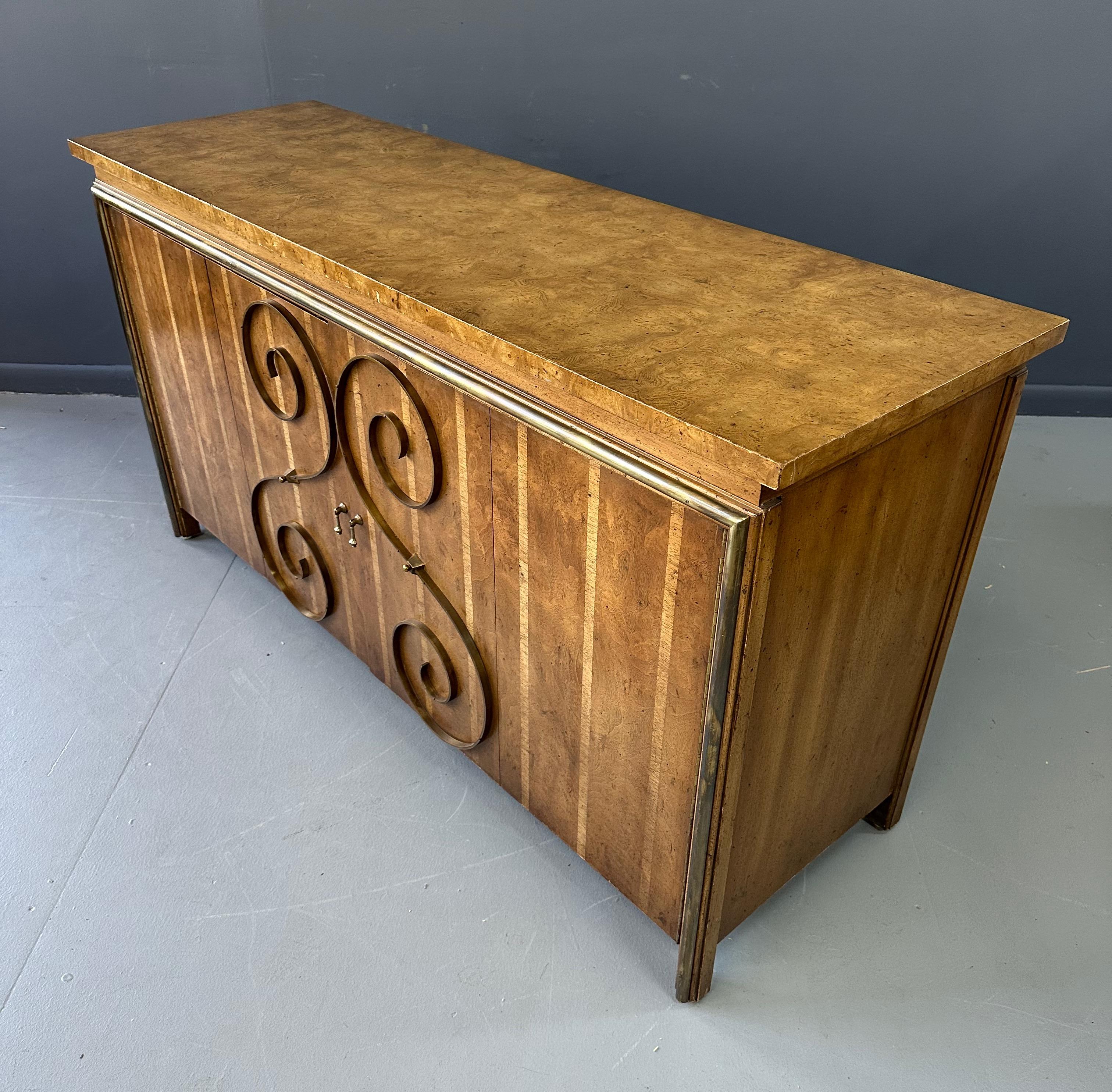 1950s Neoclassical Revival Sideboard in Pecan and Burl with Brass Scroll Details For Sale 1