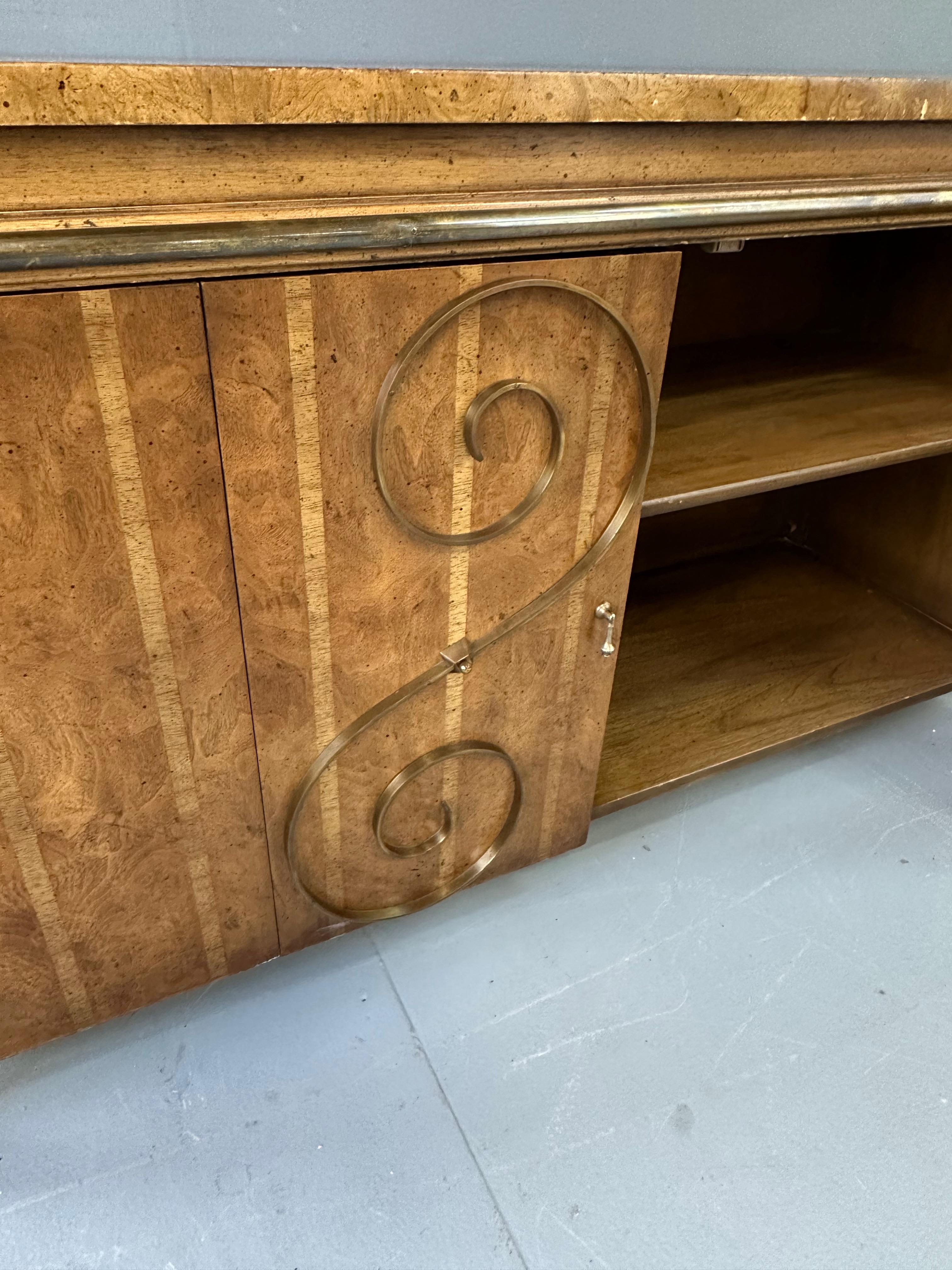 1950s Neoclassical Revival Sideboard in Pecan and Burl with Brass Scroll Details For Sale 2