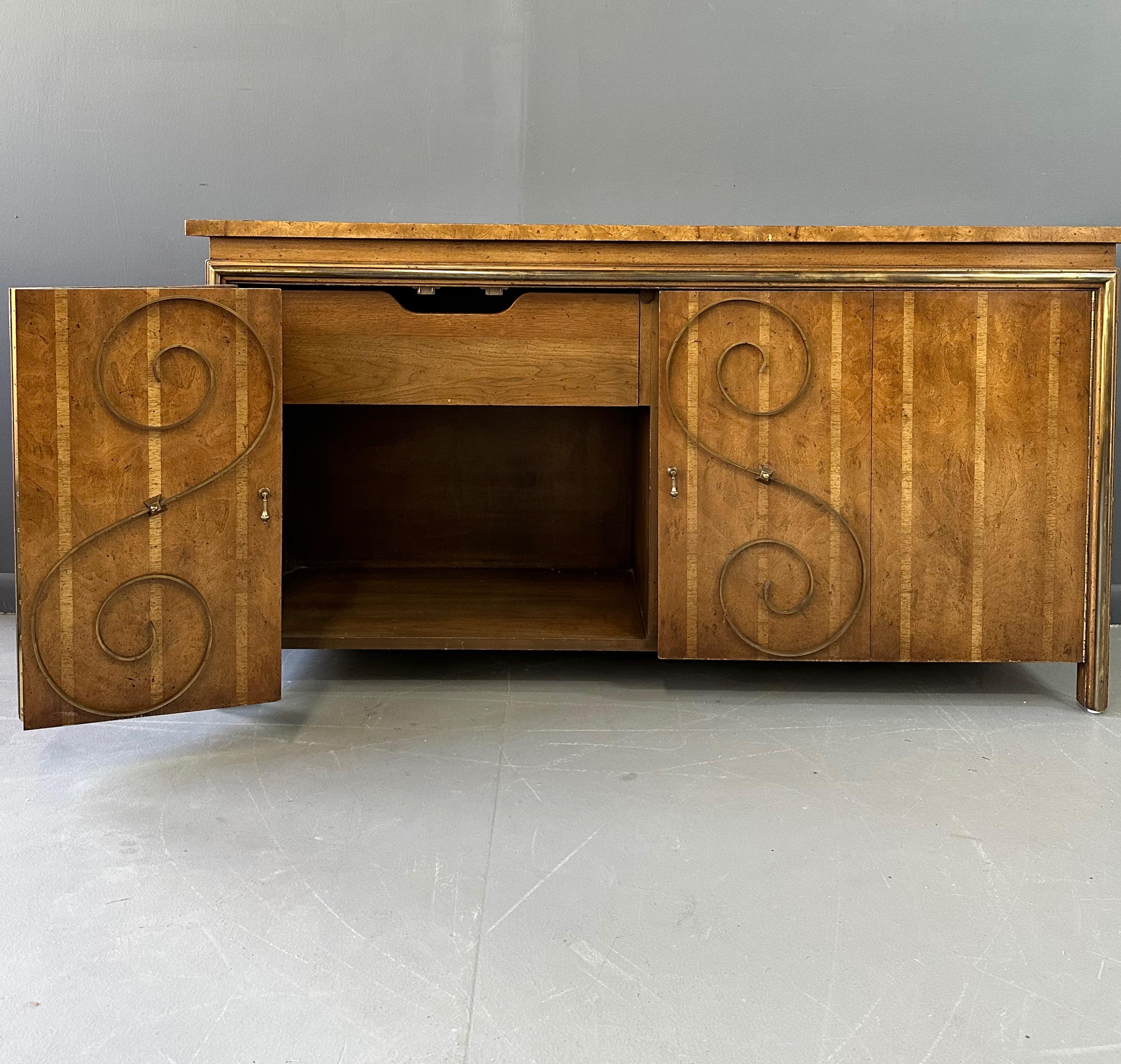 1950s Neoclassical Revival Sideboard in Pecan and Burl with Brass Scroll Details For Sale 3
