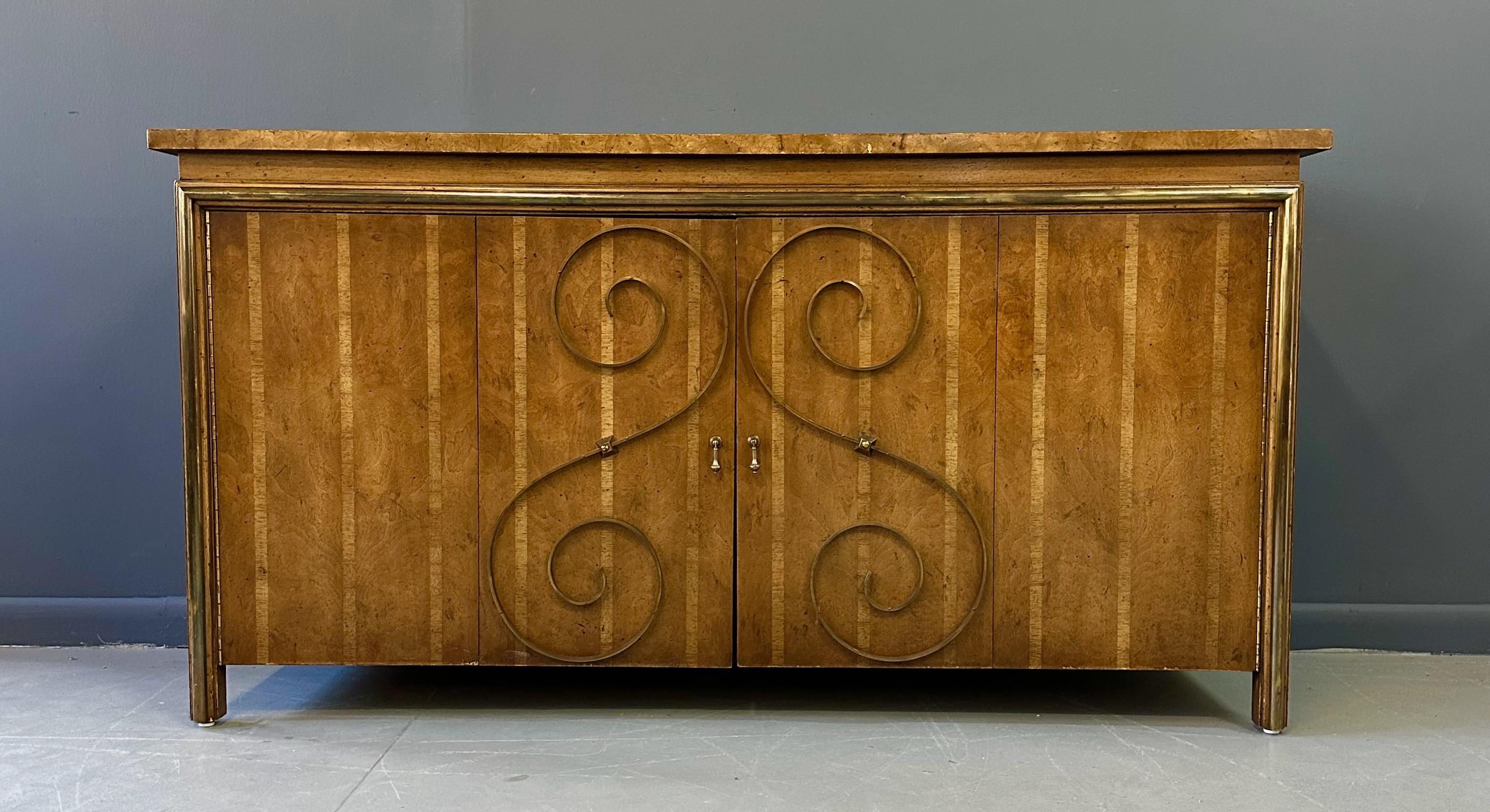 1950s Neoclassical Revival Sideboard in Pecan and Burl with Brass Scroll Details For Sale 4