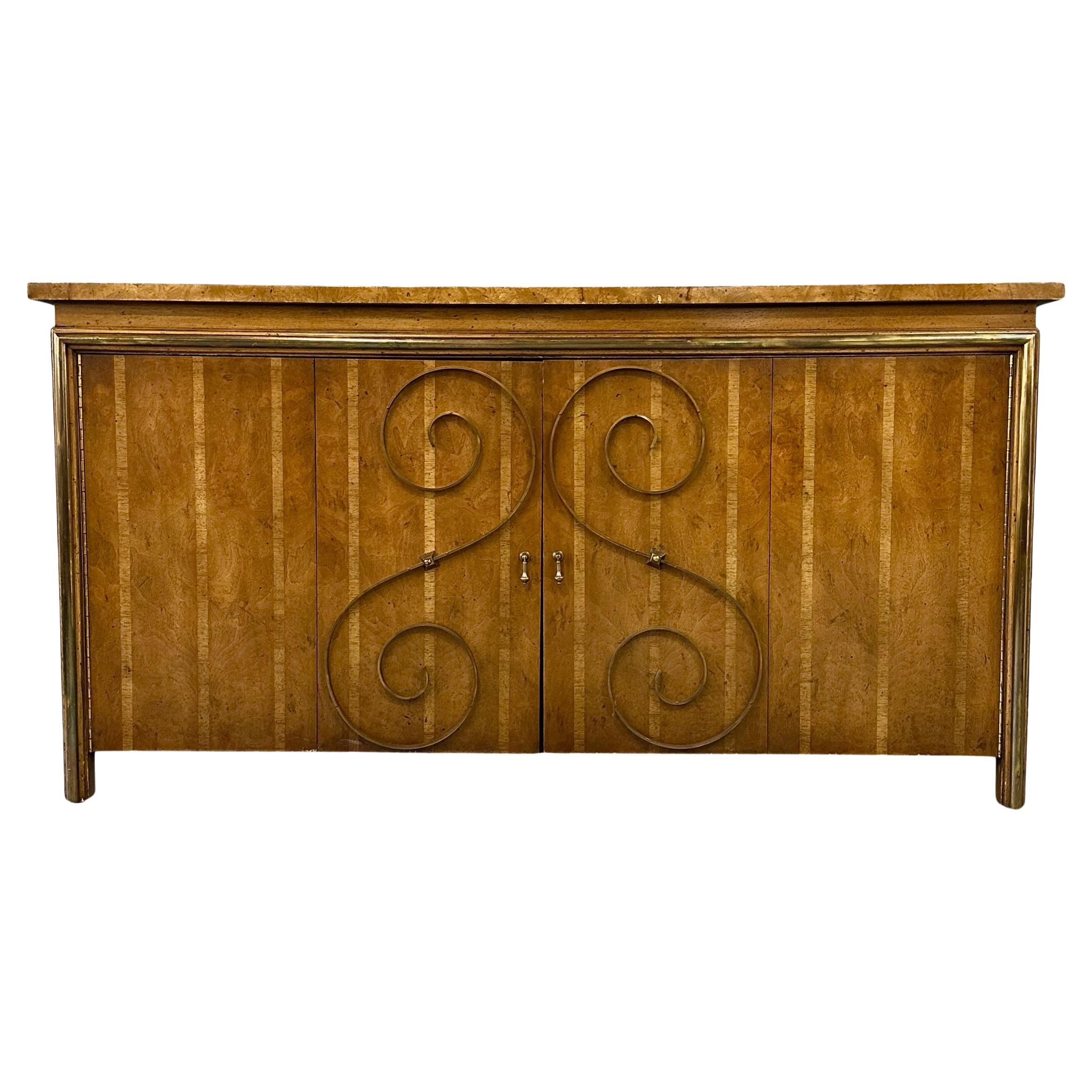 1950s Neoclassical Revival Sideboard in Pecan and Burl with Brass Scroll Details For Sale