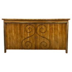 1950s Neoclassical Revival Sideboard in Pecan and Burl with Brass Scroll Details
