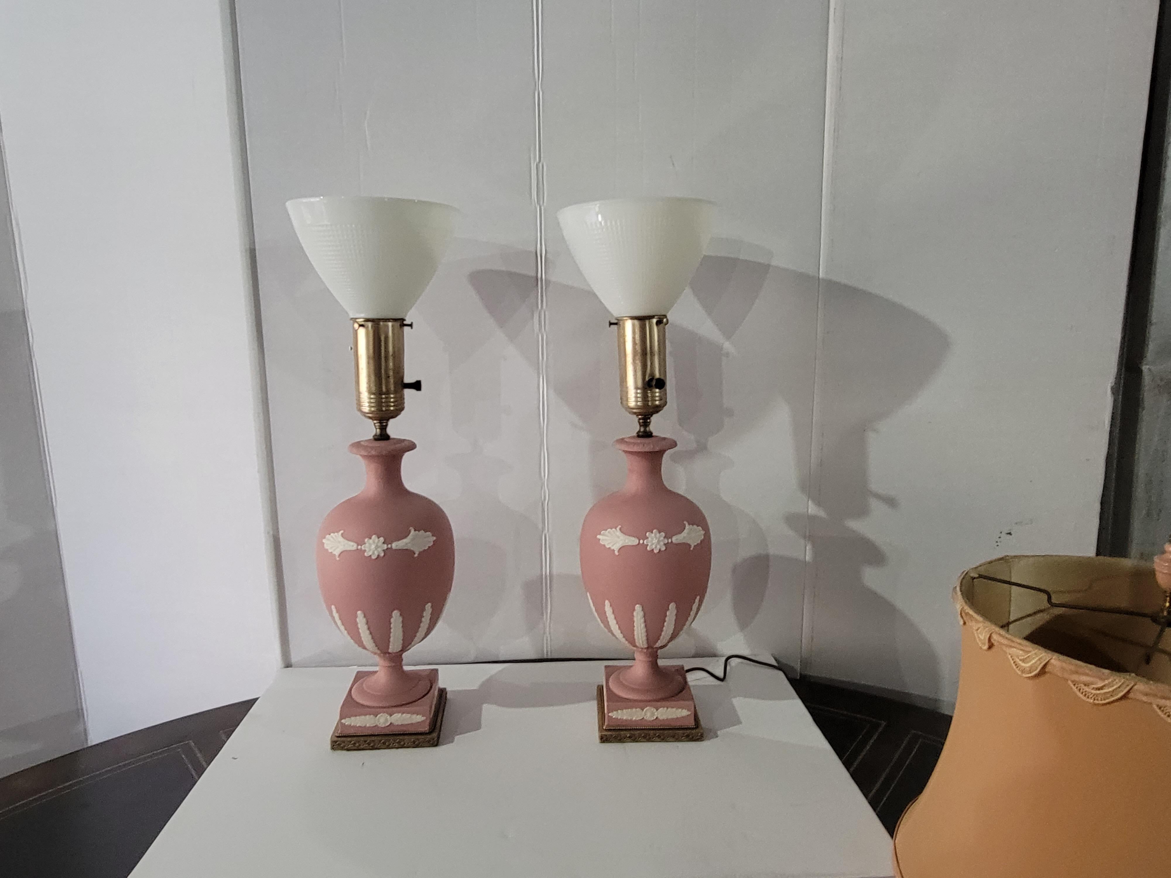 Hollywood Regency 1950s Neoclassical Style Pink Basalt Pottery Lamps Att. to Wedgwood, Pair