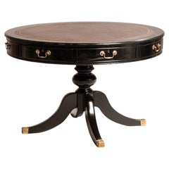 1950s Neoclassical Style Round Black Wood Table With Leather Top