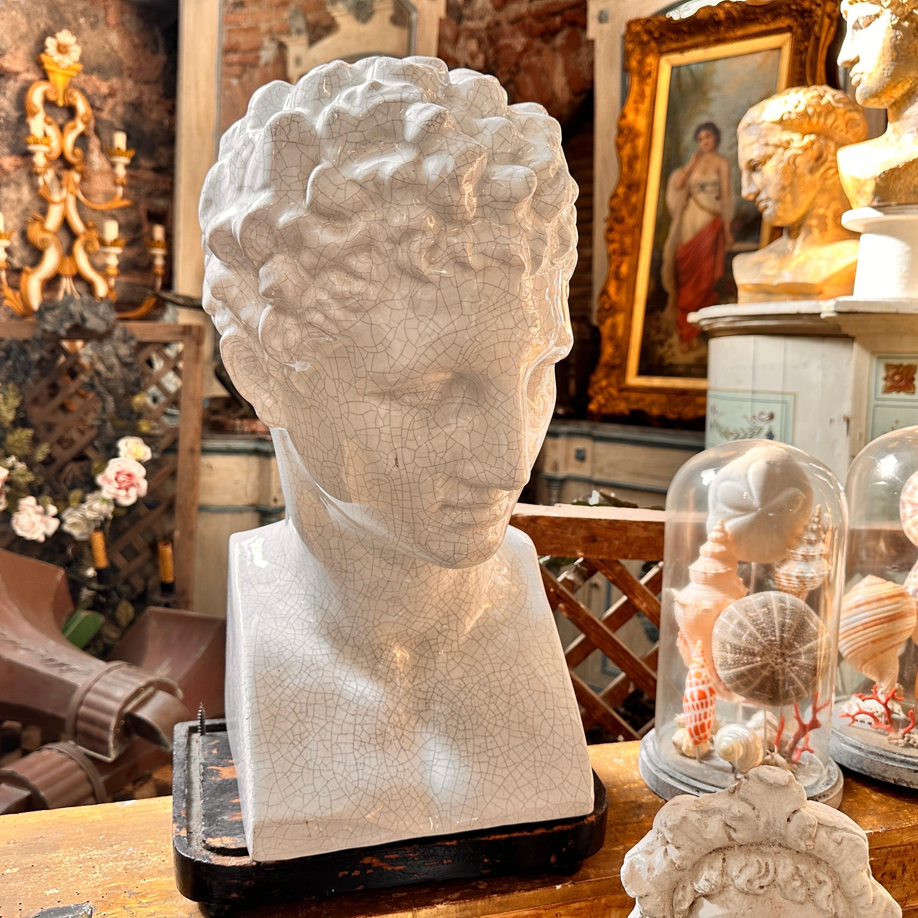 1950s Neoclassical White Crackled Ceramic Italian Bust of Antinoo For Sale 8