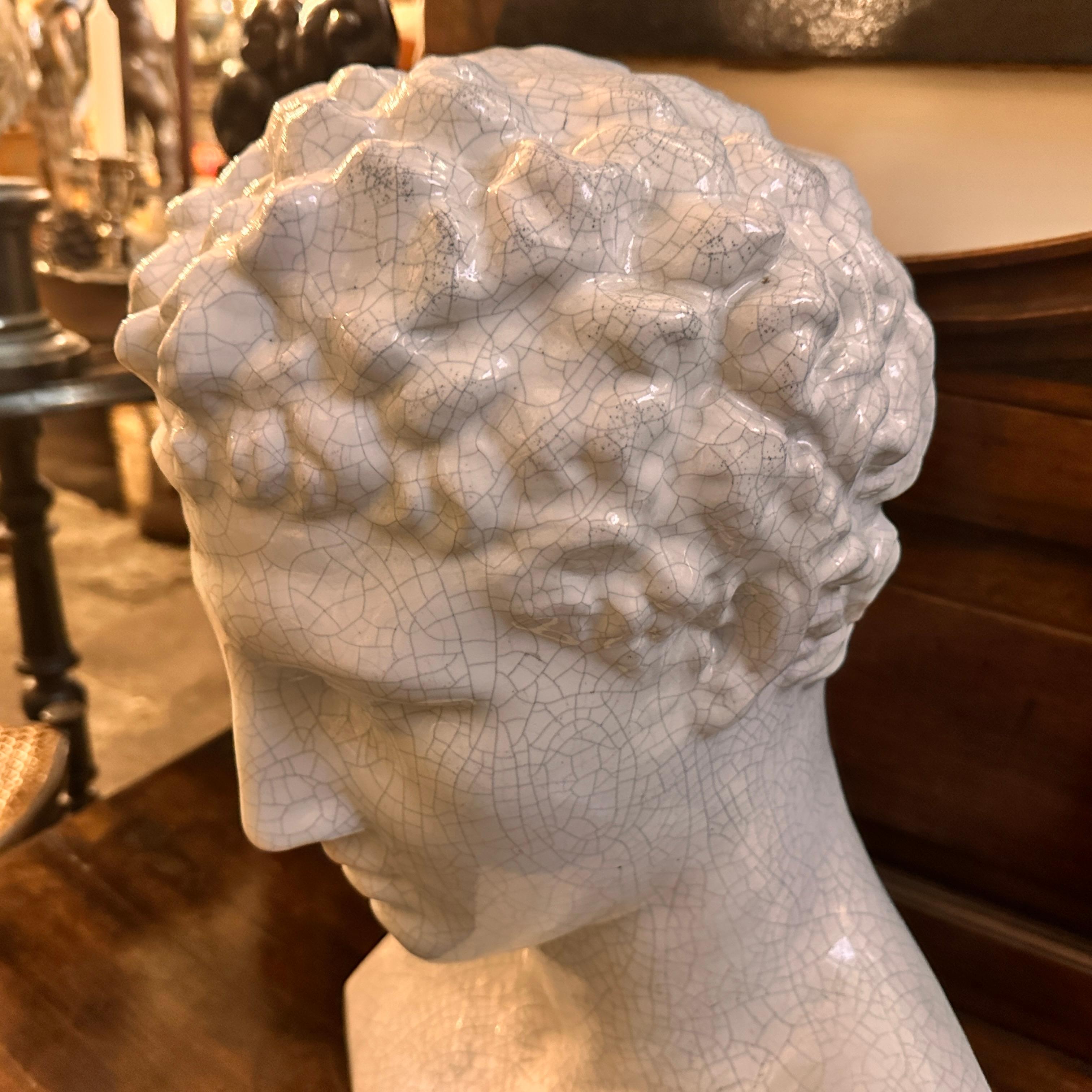 1950s Neoclassical White Crackled Ceramic Italian Bust of Antinoo For Sale 9