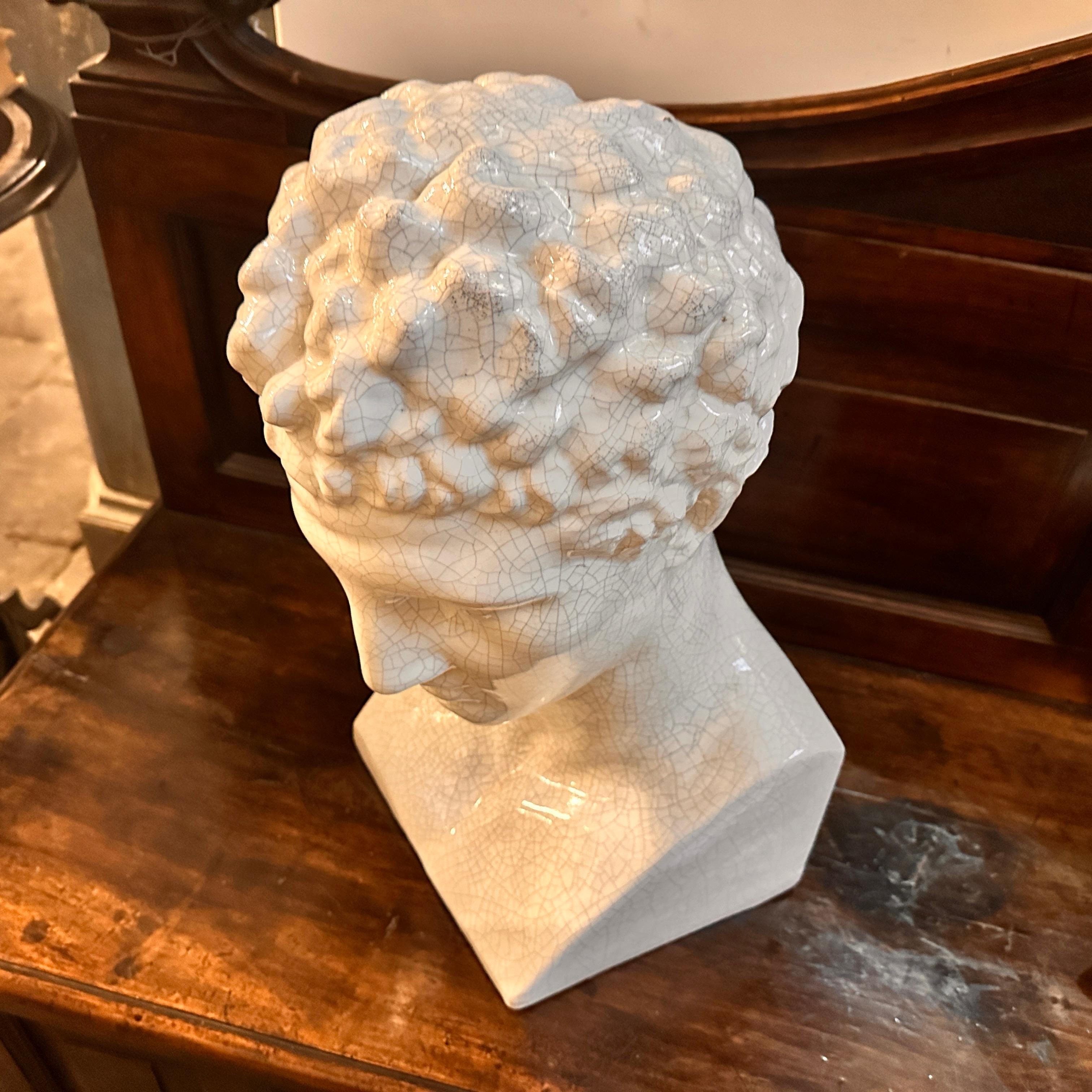 1950s Neoclassical White Crackled Ceramic Italian Bust of Antinoo For Sale 11