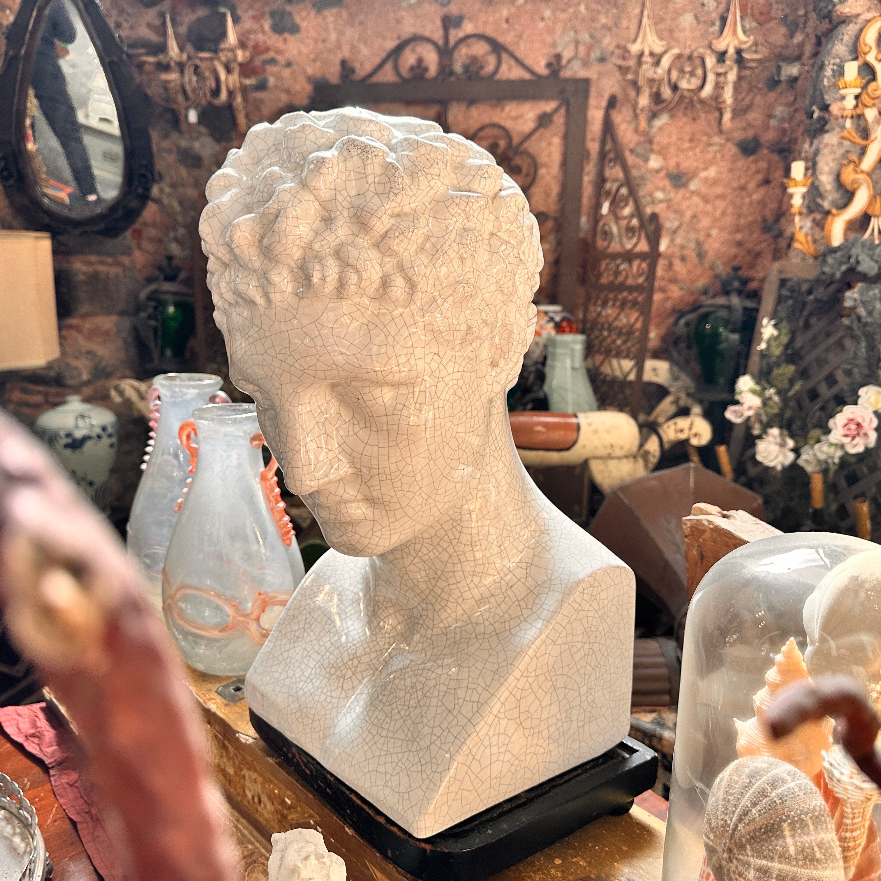 20th Century 1950s Neoclassical White Crackled Ceramic Italian Bust of Antinoo For Sale