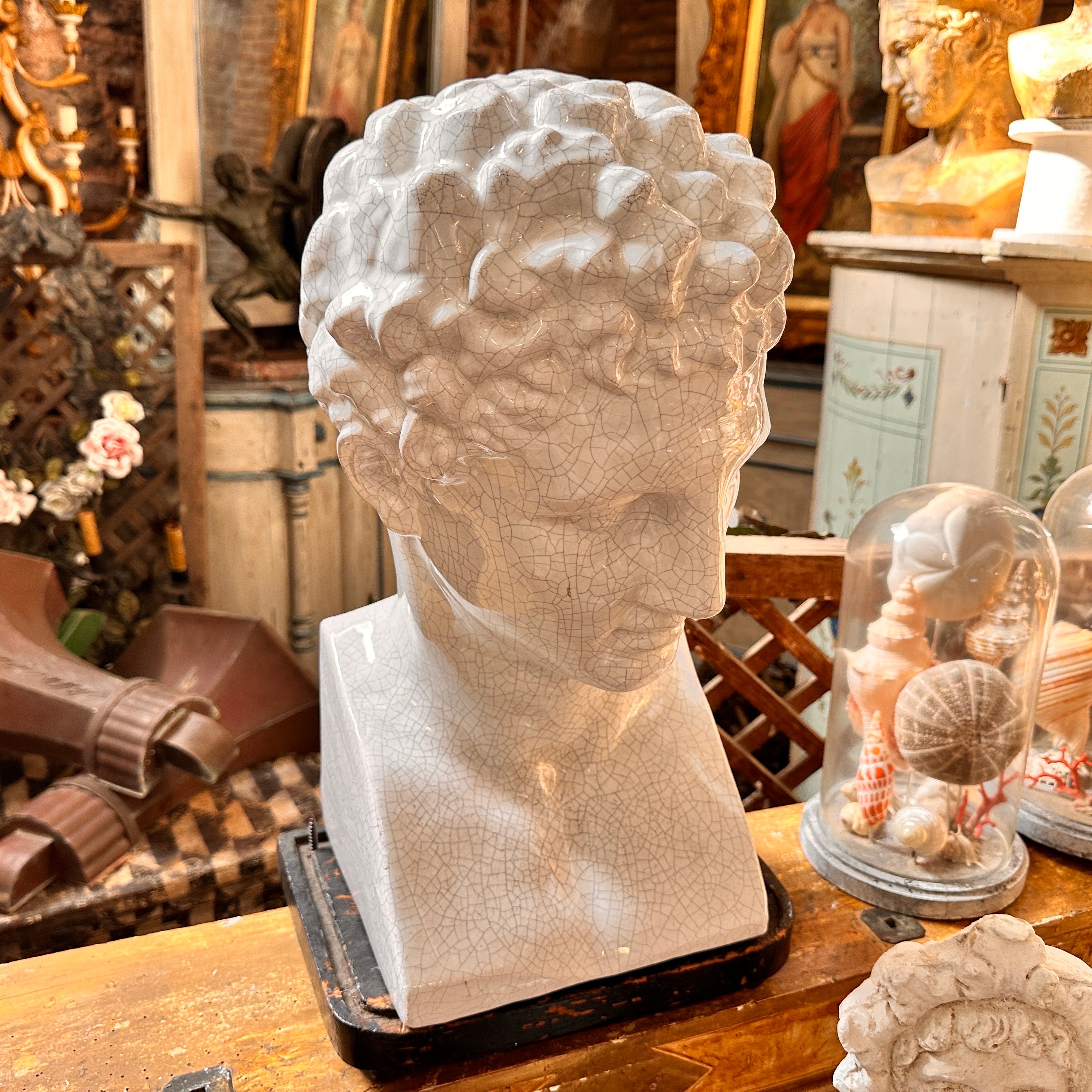 1950s Neoclassical White Crackled Ceramic Italian Bust of Antinoo For Sale 1