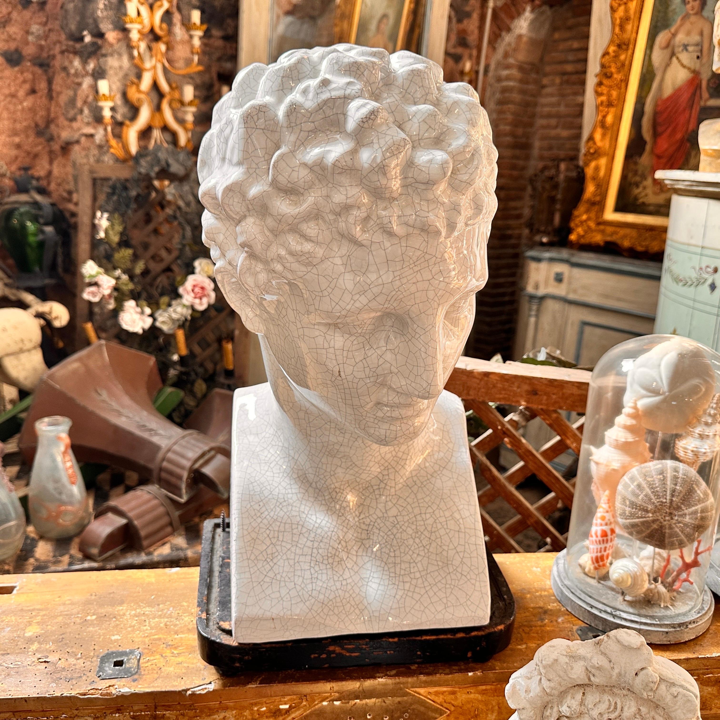 1950s Neoclassical White Crackled Ceramic Italian Bust of Antinoo For Sale 2