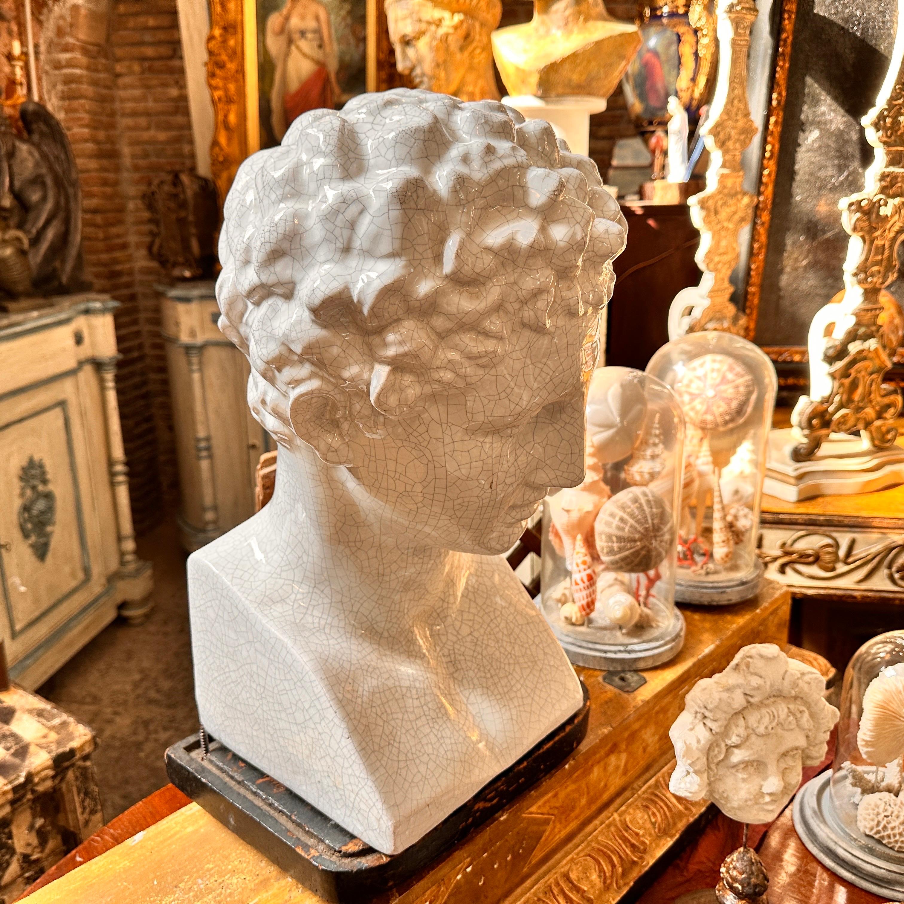 1950s Neoclassical White Crackled Ceramic Italian Bust of Antinoo For Sale 3