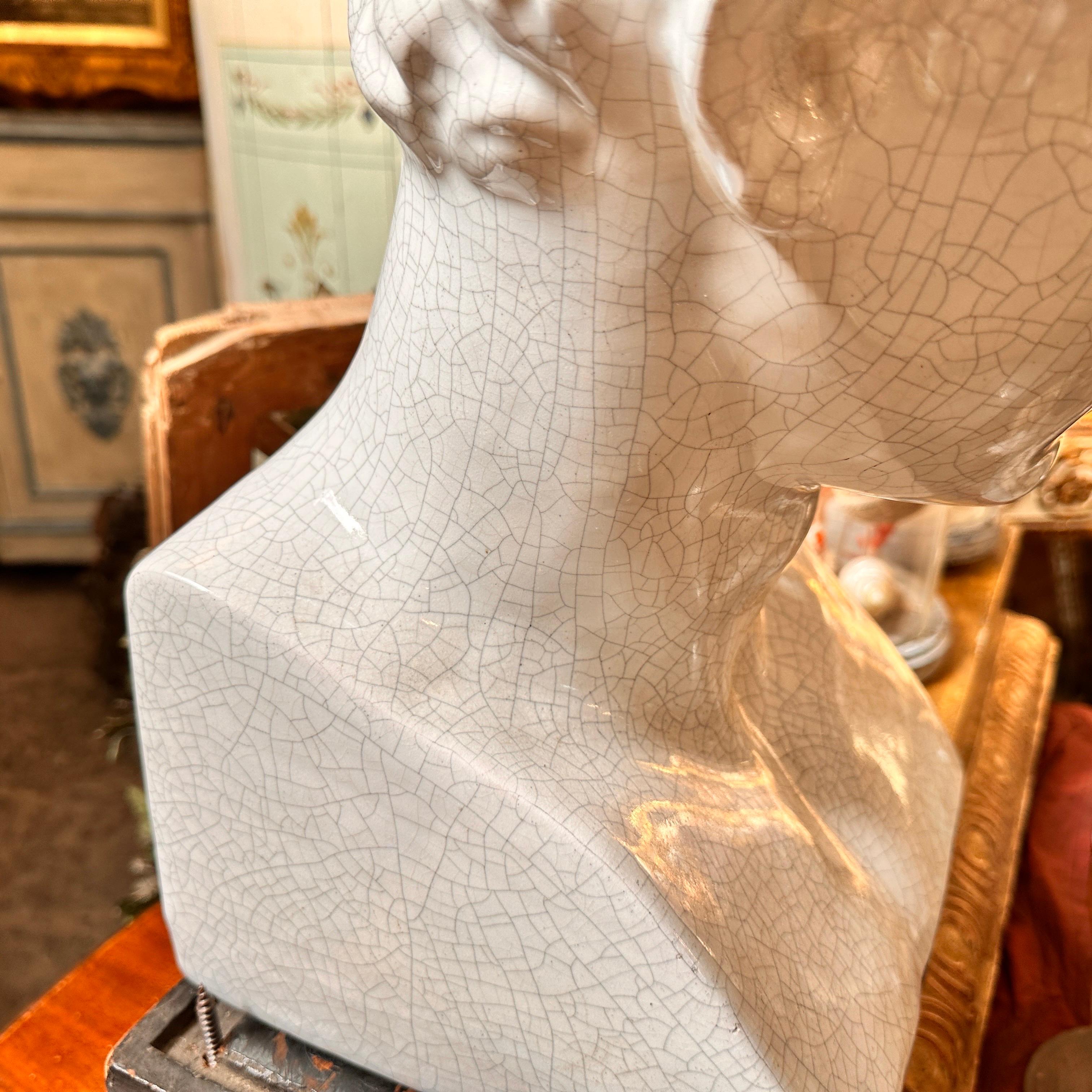 1950s Neoclassical White Crackled Ceramic Italian Bust of Antinoo For Sale 4