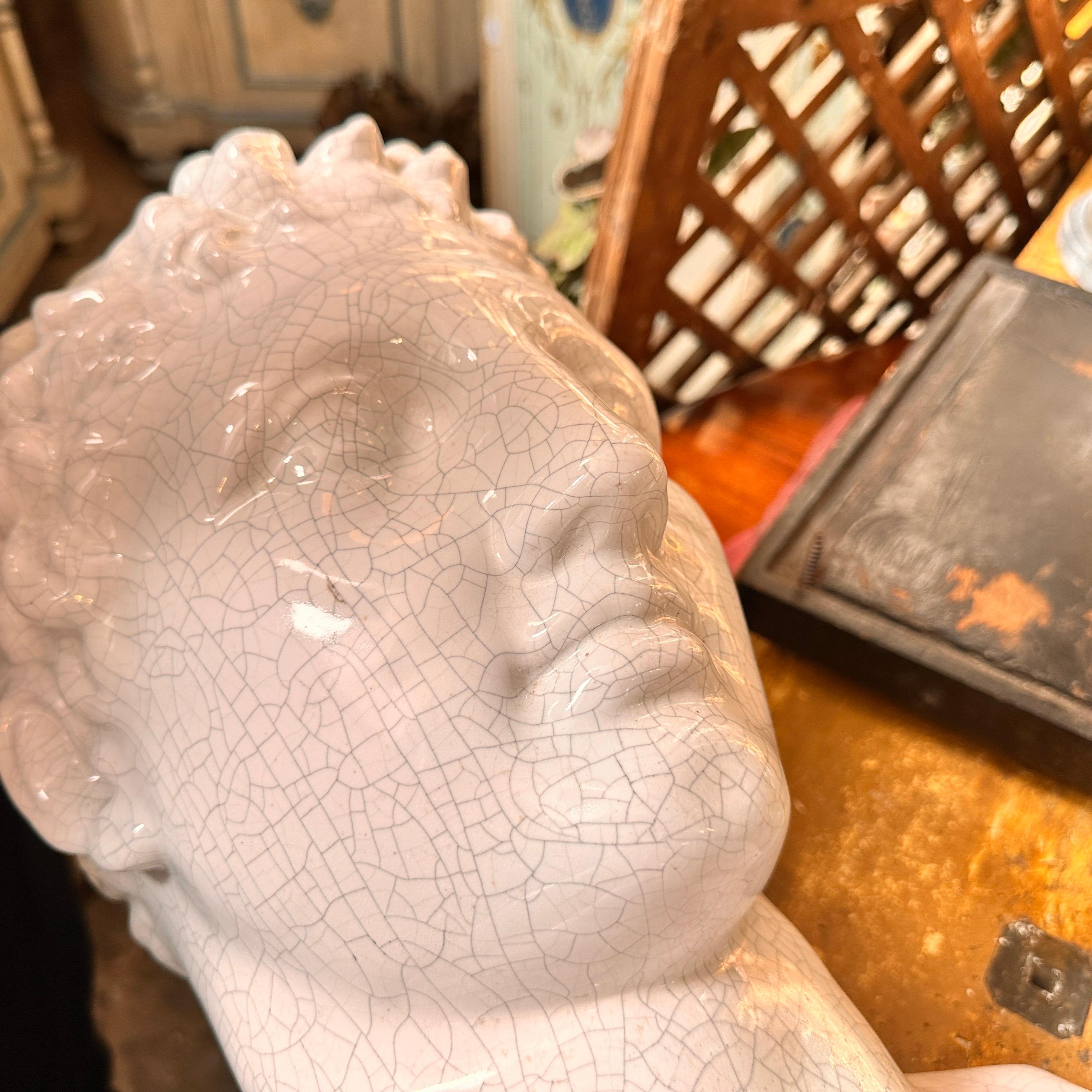 1950s Neoclassical White Crackled Ceramic Italian Bust of Antinoo For Sale 6