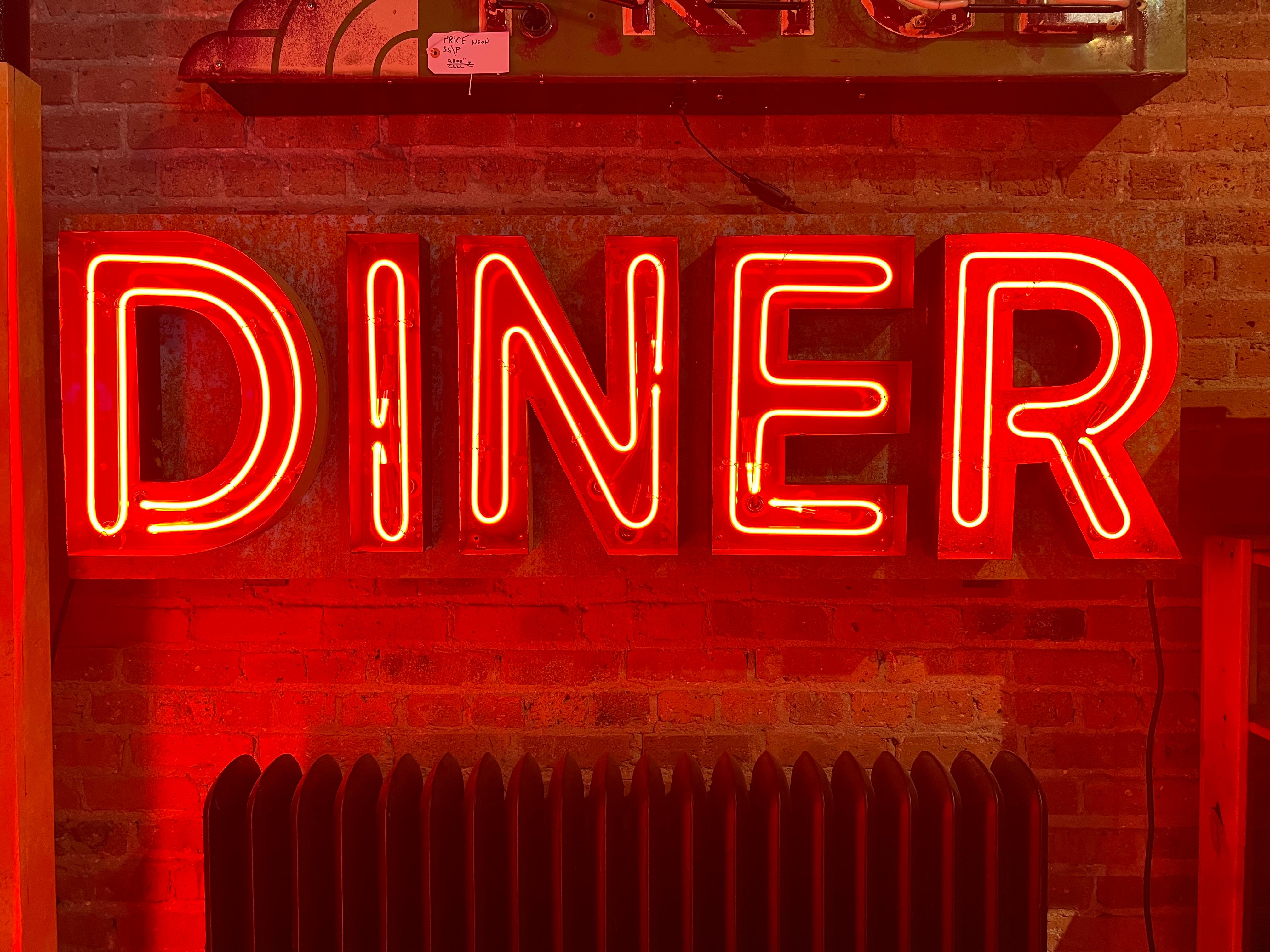 1950’s neon sign Diner. It has new transformer and new wiring. Please note that this sign needs to be created for shipping. There will be fee to make a crate.