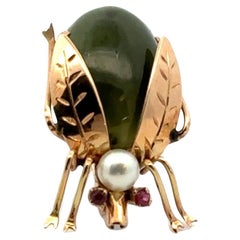 1950's Nephrite Jade Ruby & Pearl 14 Karat Yellow Gold Beetle Brooch