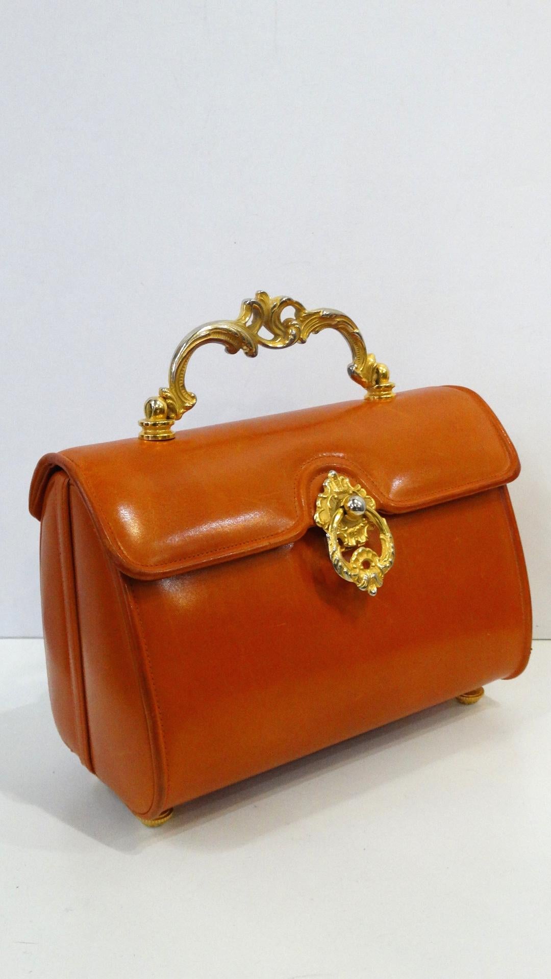 1950s Netti Rosenstein Orange Leather Barrel Bag 10