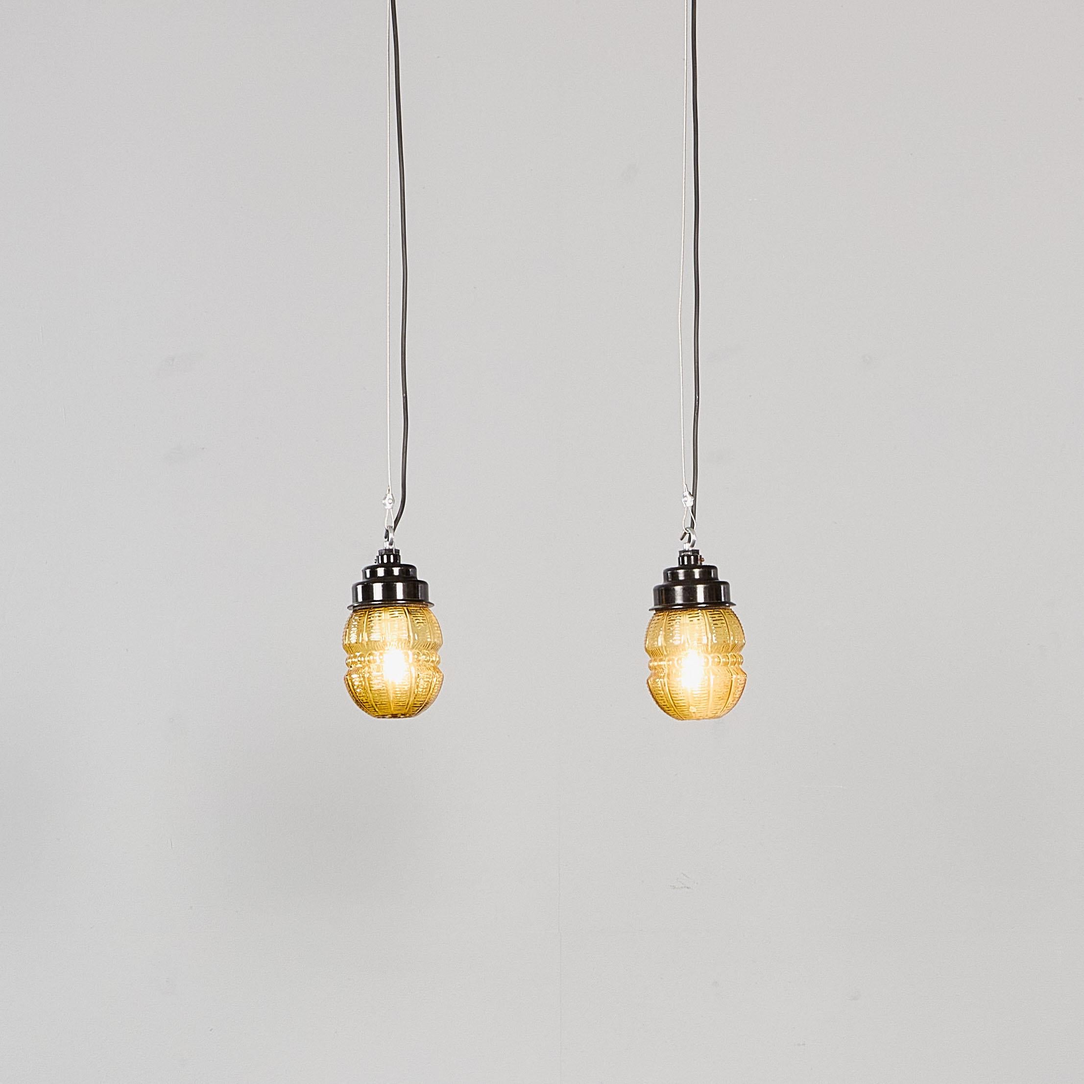Czech 1950's New Old Stock Amber Barrel Pendant Lamps - Unique Pair For Sale