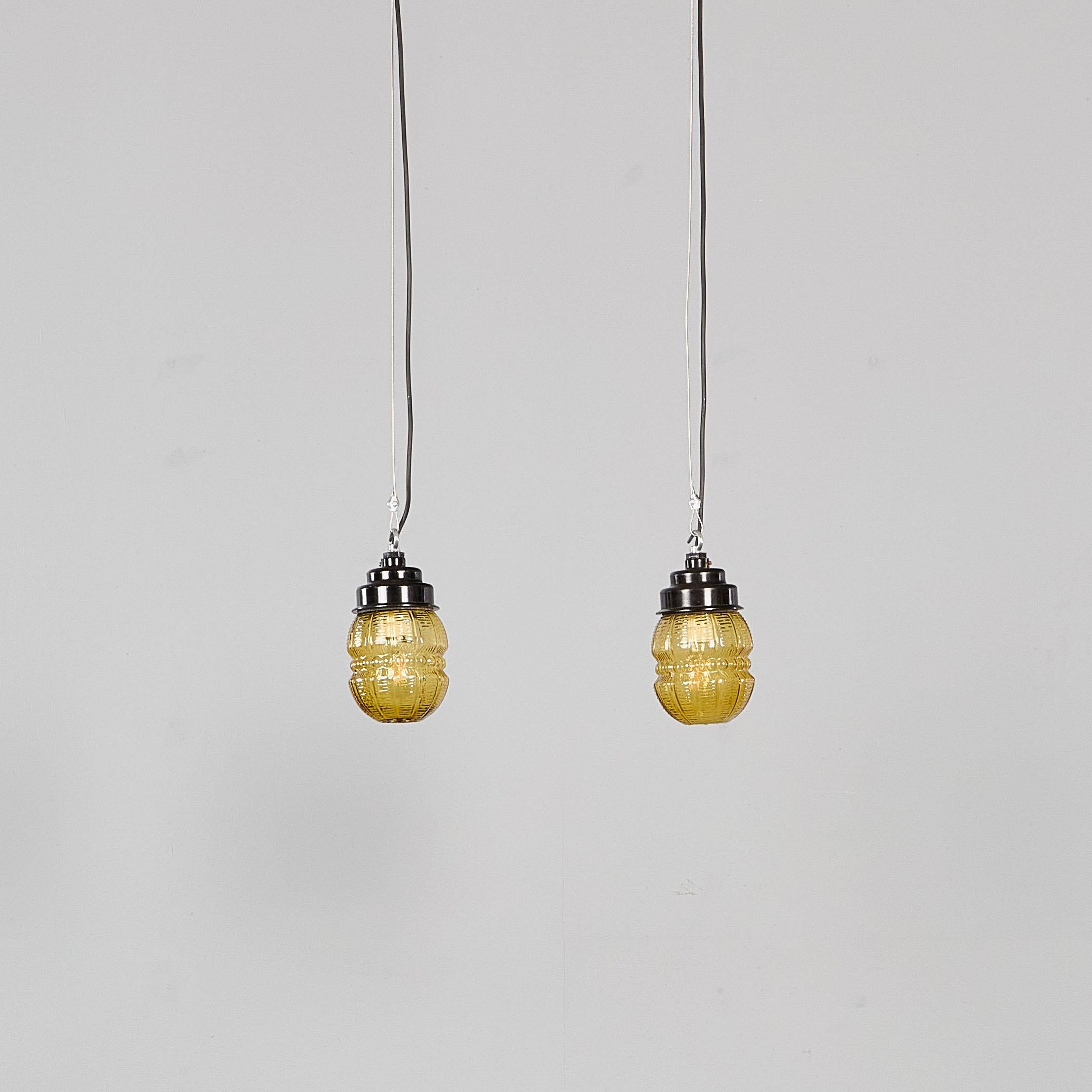 1950's New Old Stock Amber Barrel Pendant Lamps - Unique Pair In Good Condition For Sale In Hook, Hampshire