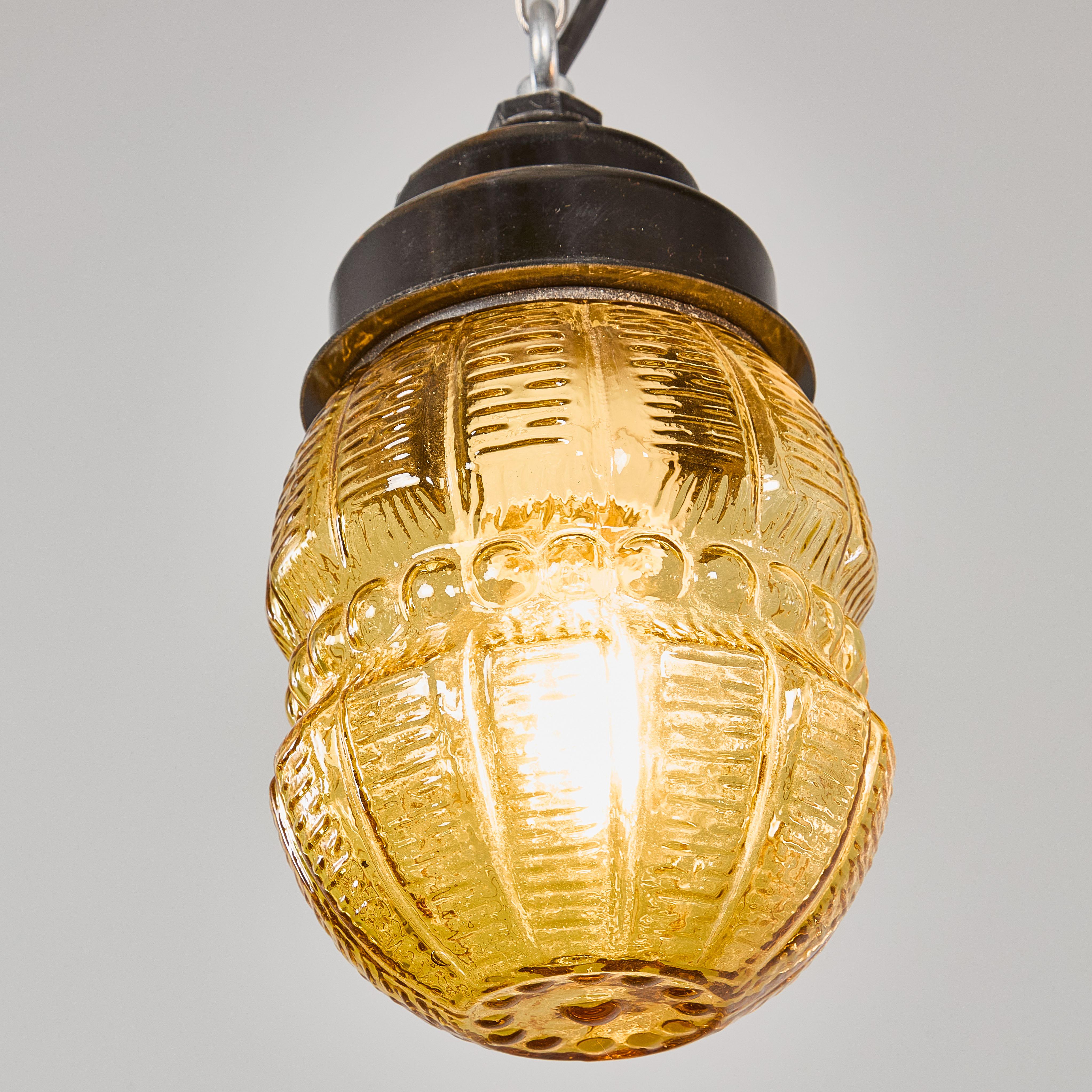 Art Glass 1950's New Old Stock Amber Barrel Pendant Lamps - Unique Pair For Sale