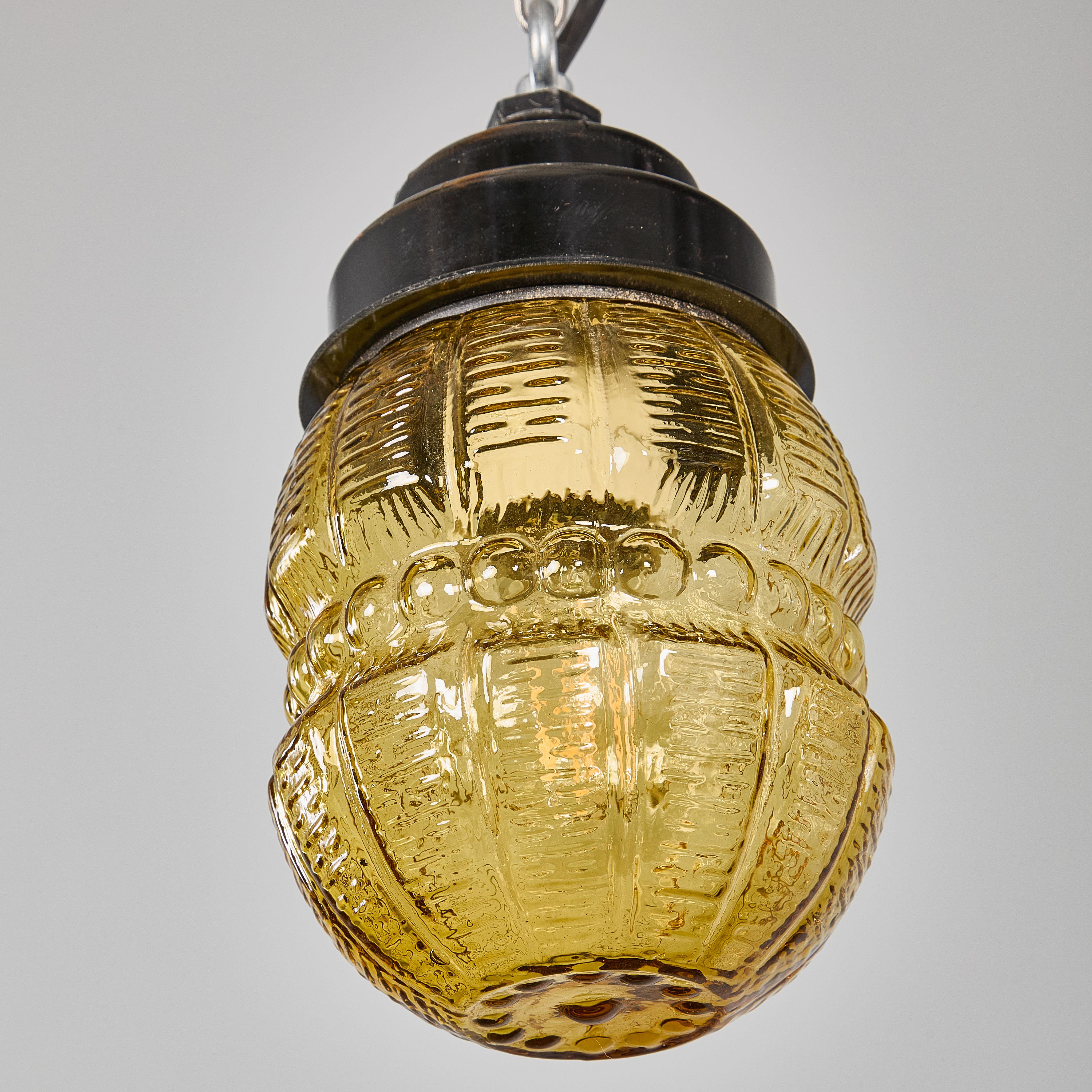 1950's New Old Stock Amber Barrel Pendant Lamps - Unique Pair For Sale 1