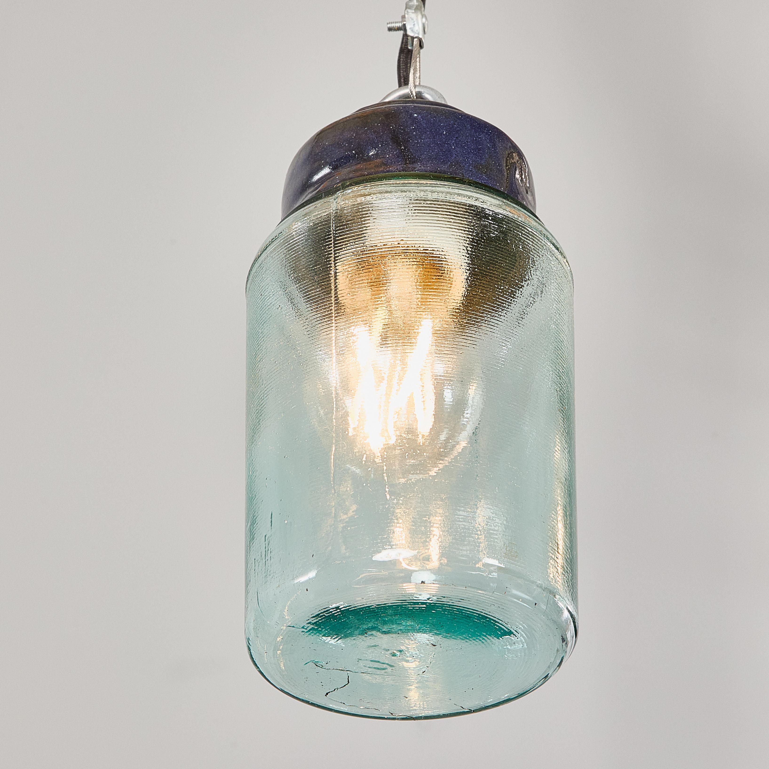 Czech 1950’s New Old Stock Aqua Barrel Pendant Lamps – Good Qty Available For Sale