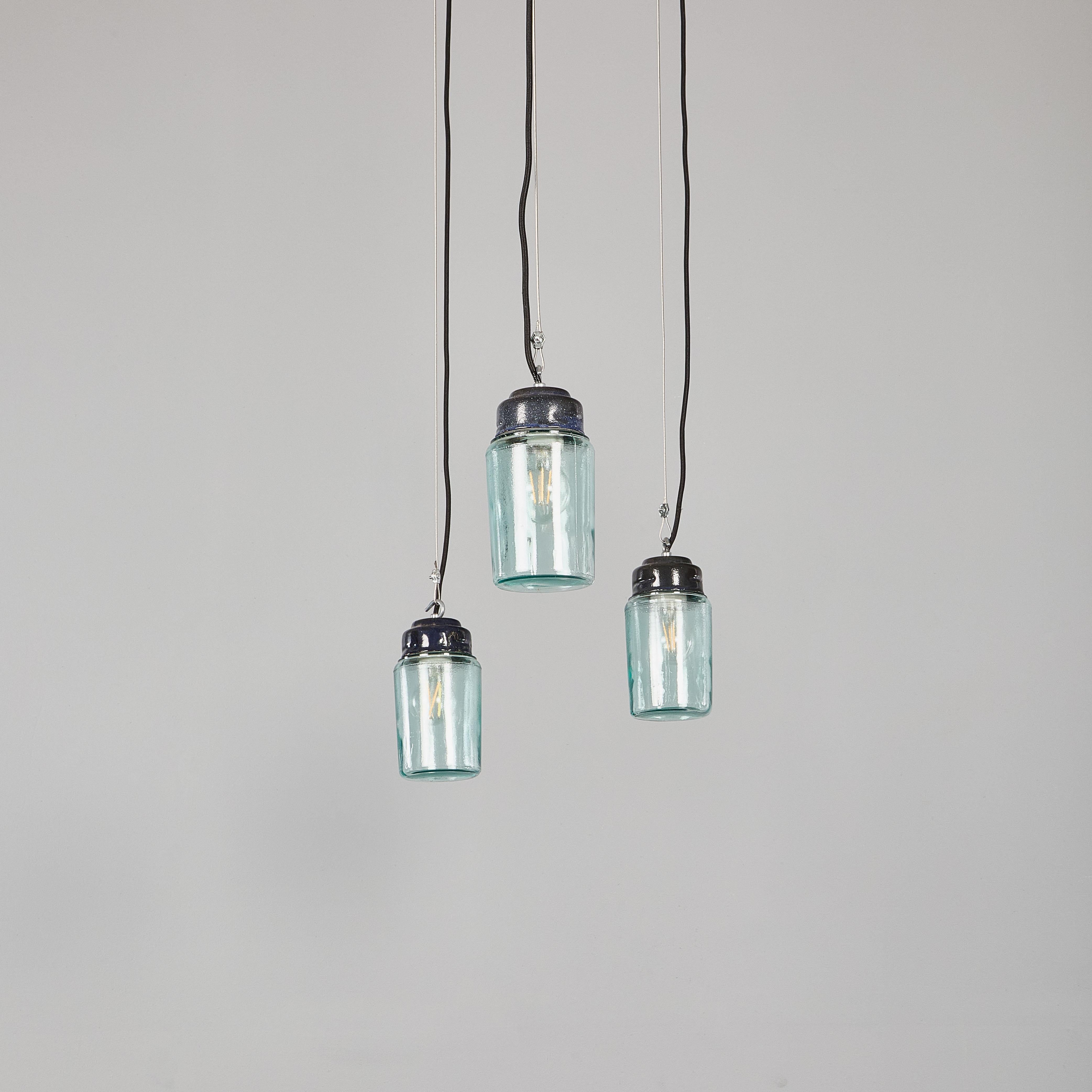Art Glass 1950’s New Old Stock Aqua Barrel Pendant Lamps – Good Qty Available For Sale