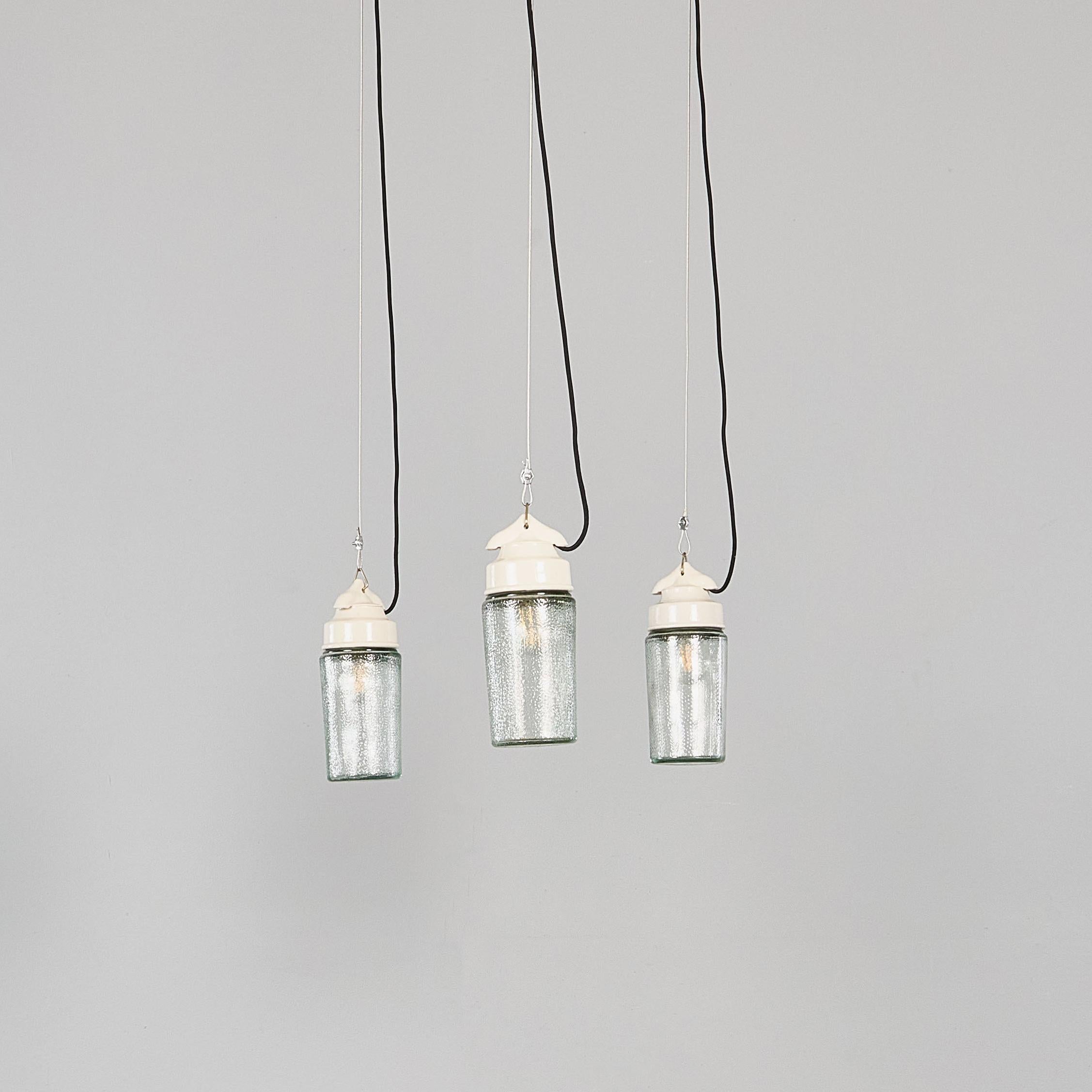 Czech 1950's New Old Stock Ceramic Top Aqua Cylinder Pendant Lamp - Good Qty Available For Sale