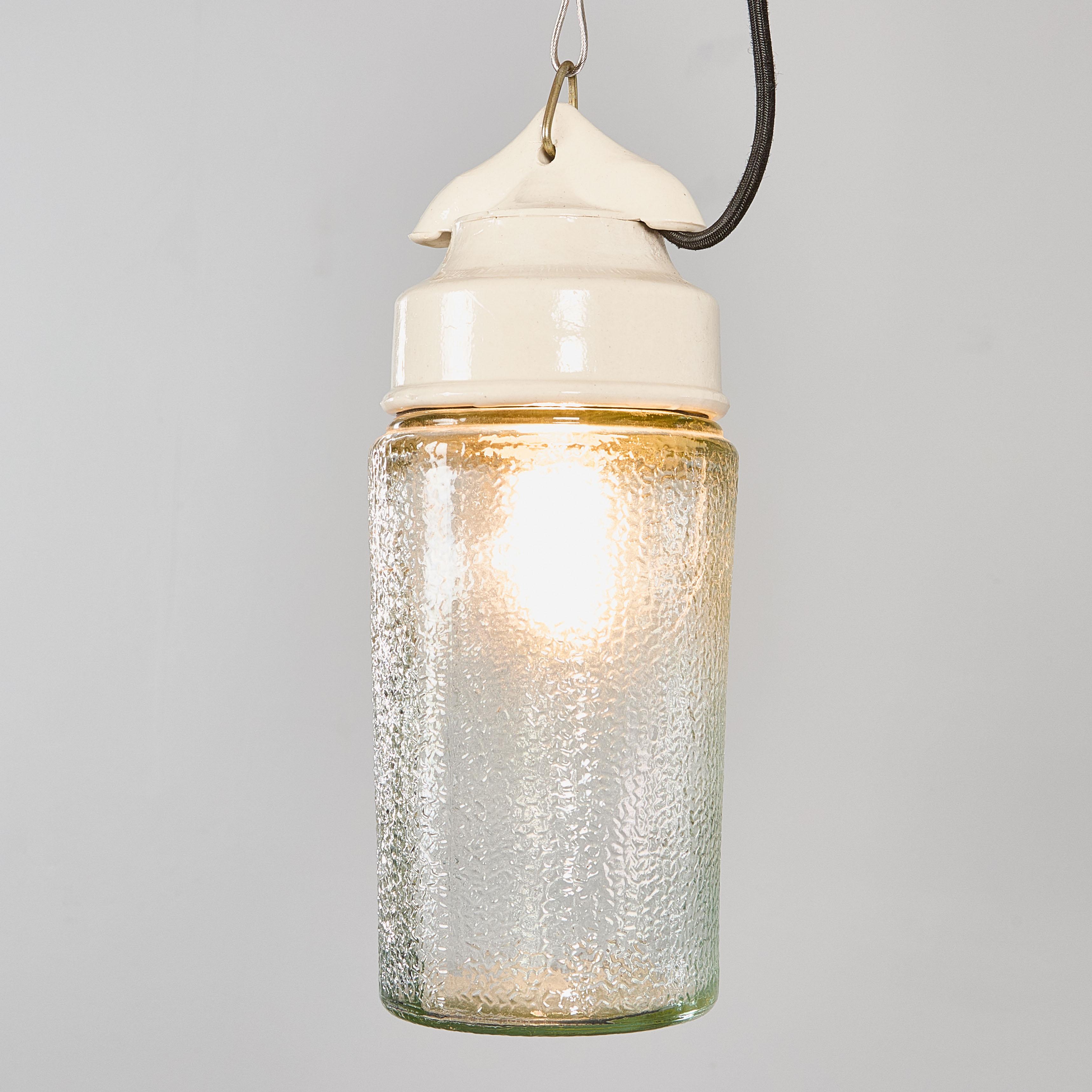 Art Glass 1950's New Old Stock Ceramic Top Aqua Cylinder Pendant Lamp - Good Qty Available For Sale