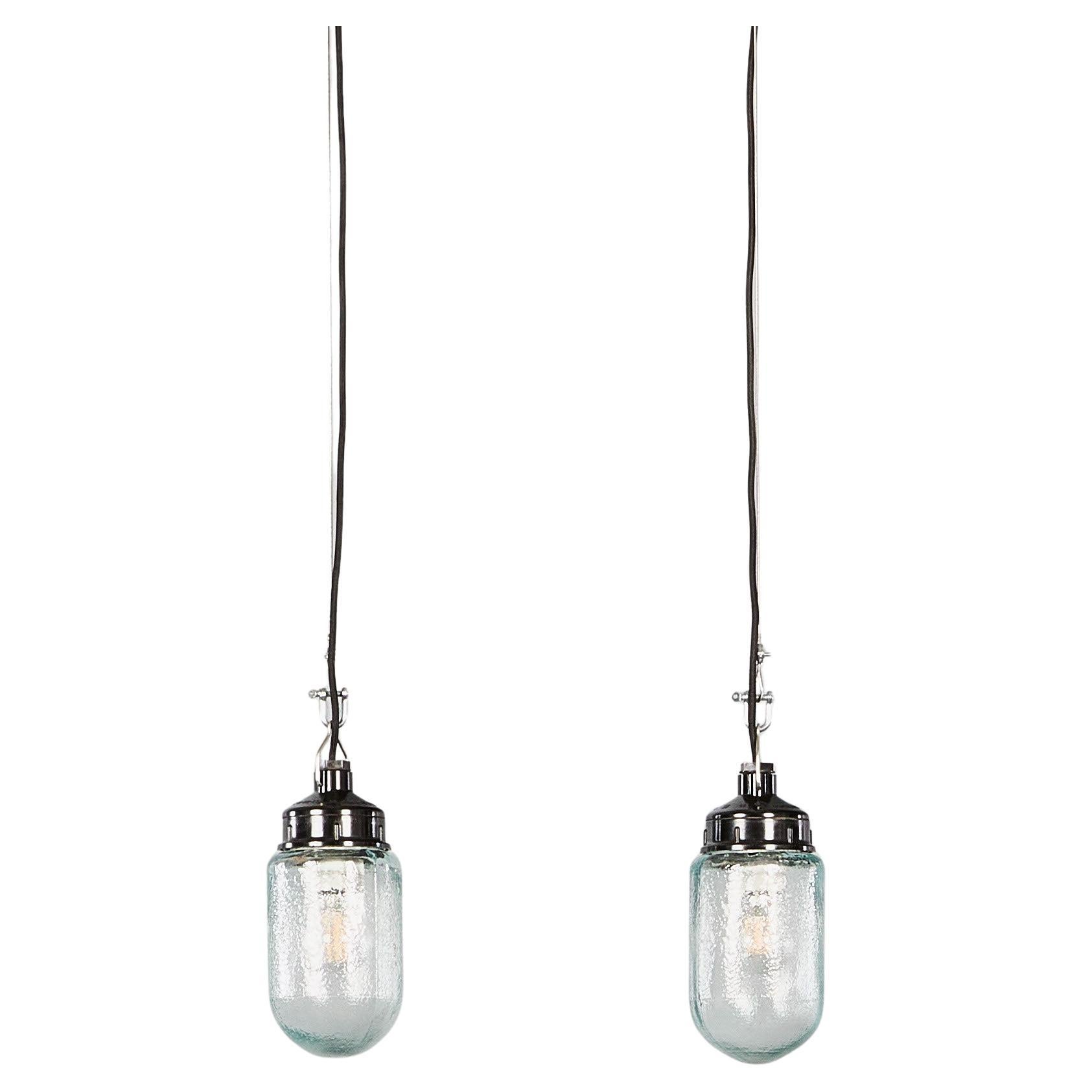 1950's New Old Stock Clear Mottled Cylinder Pendant Lamps - Unique Pair