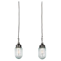 1950's New Old Stock Clear Mottled Cylinder Pendant Lamps - Unique Pair