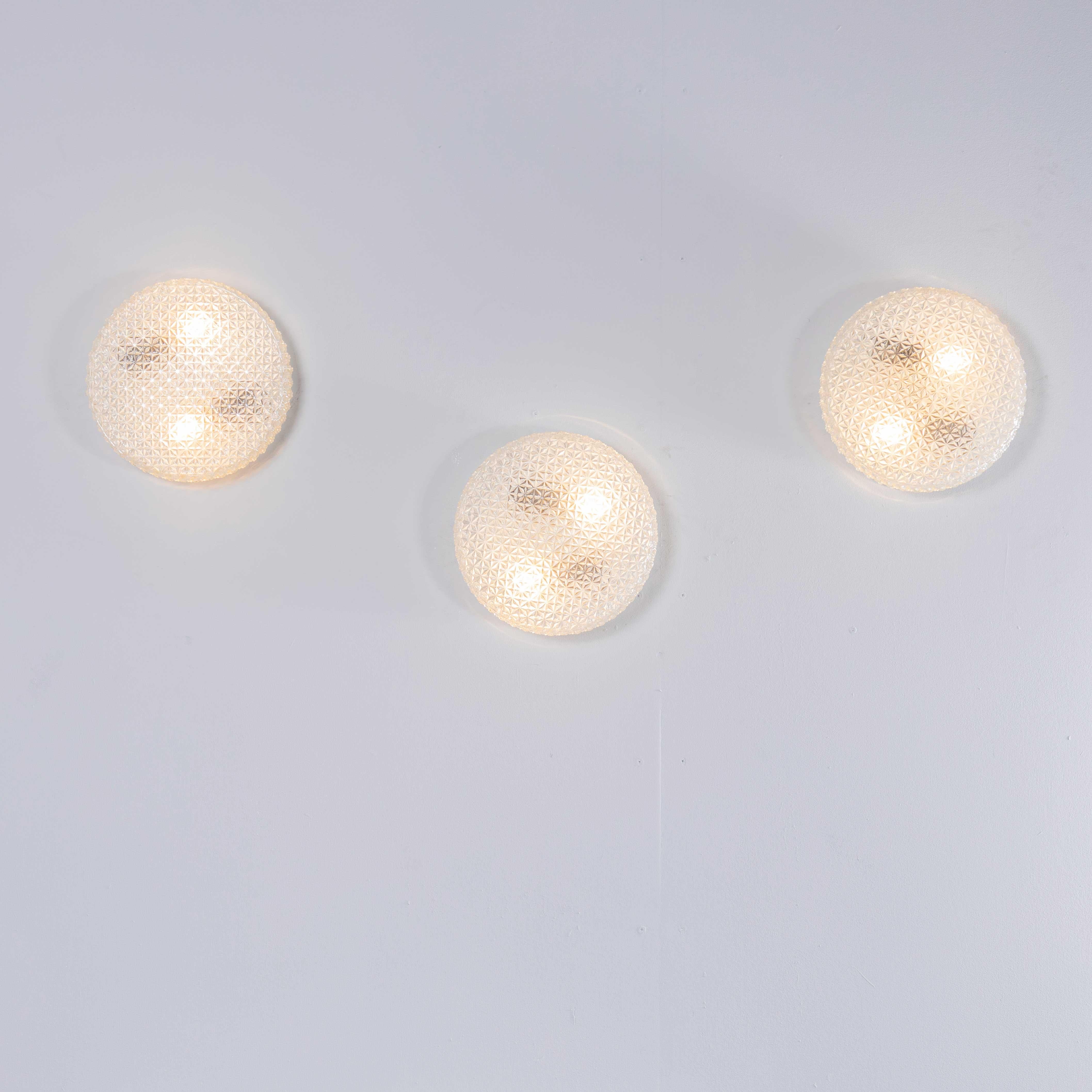 1950’s New Old Stock Czech Clear Diamond Wall – Ceiling Lamp. Each lamp has been cleaned and restored. 
Each lamp is individually wired with new cable and cable connectors to BS EN 60598. The lamp is fitted with a standard E27 threaded lamp holder